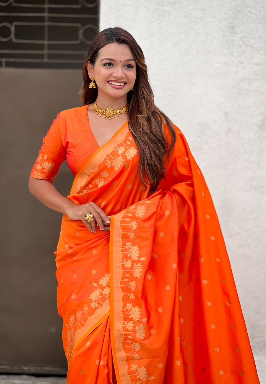 Mihira Powerloom Paithani Silk Ready To Wear Pocket Saree | Orange
