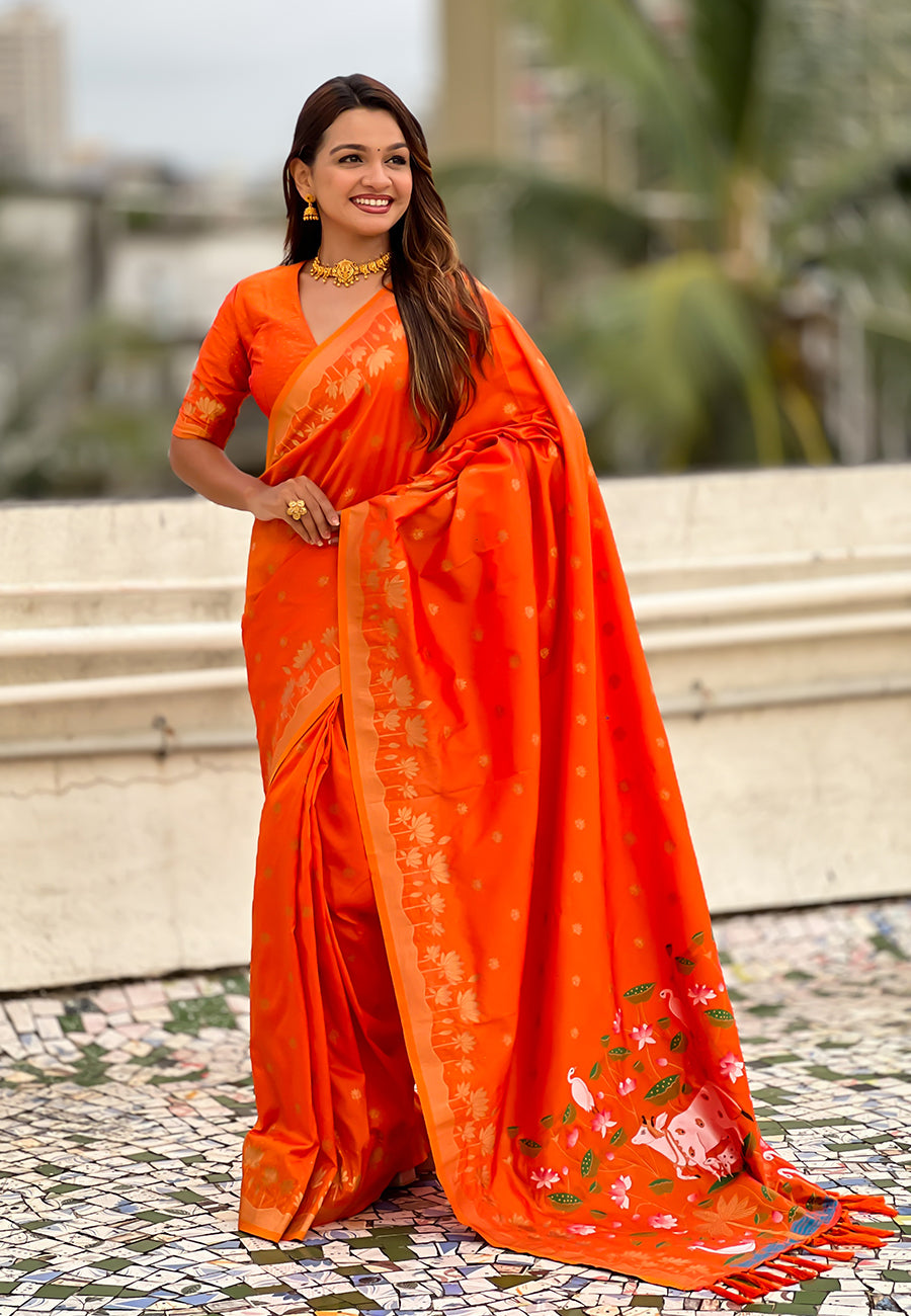 Mihira Powerloom Paithani Silk Ready To Wear Pocket Saree | Orange