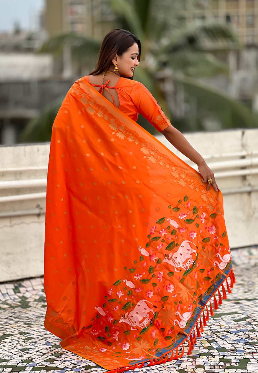 Mihira Powerloom Paithani Silk Ready To Wear Pocket Saree | Orange