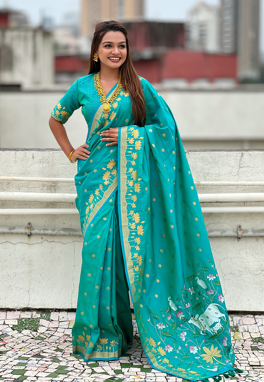 Mihira Powerloom Paithani Silk Ready To Wear Pocket Saree | Aqua Teal