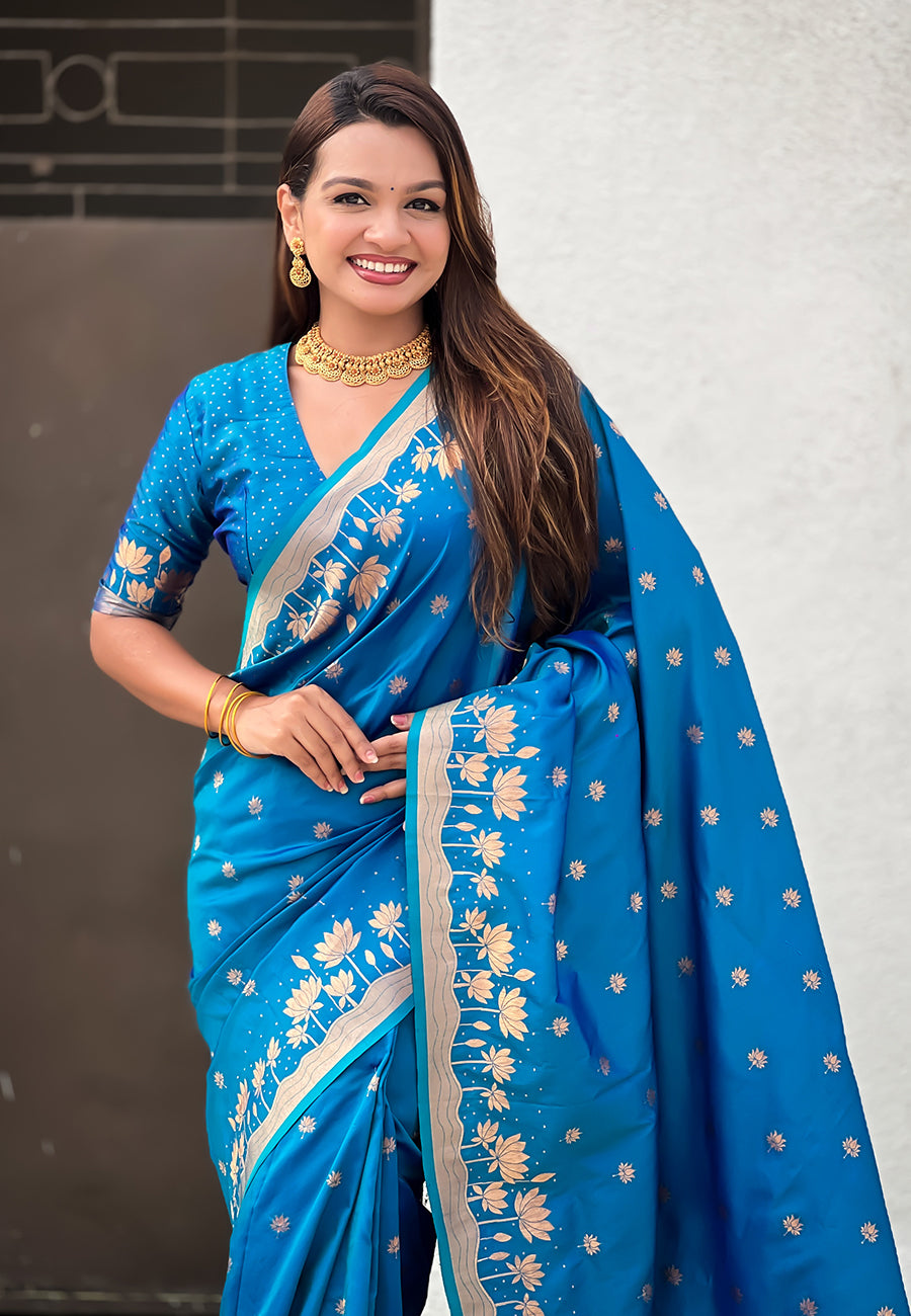 Mihira Powerloom Paithani Silk Ready To Wear Pocket Saree | Blue