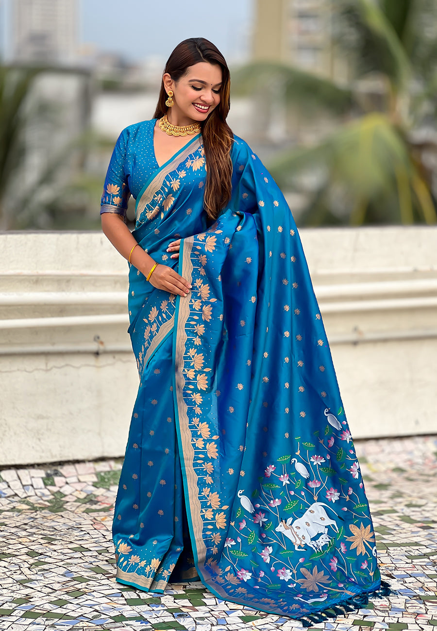 Mihira Powerloom Paithani Silk Ready To Wear Pocket Saree | Blue
