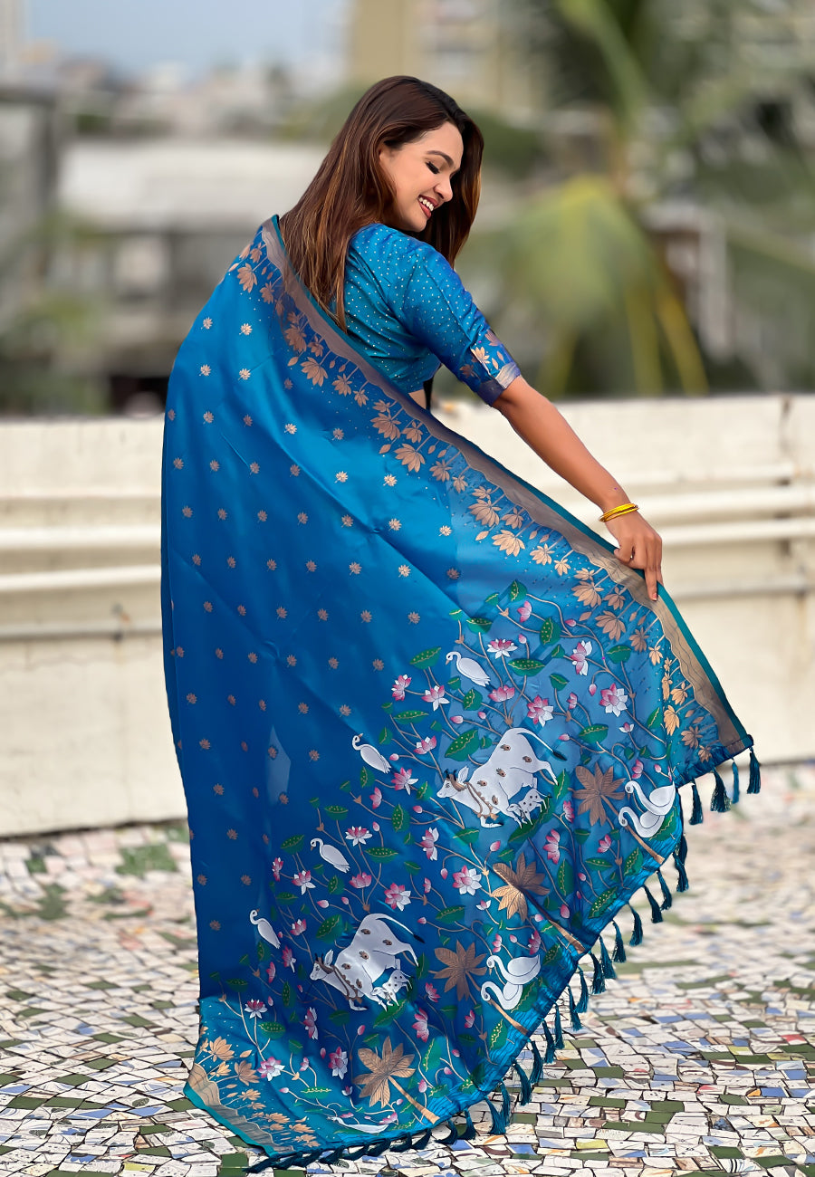 Mihira Powerloom Paithani Silk Ready To Wear Pocket Saree | Blue