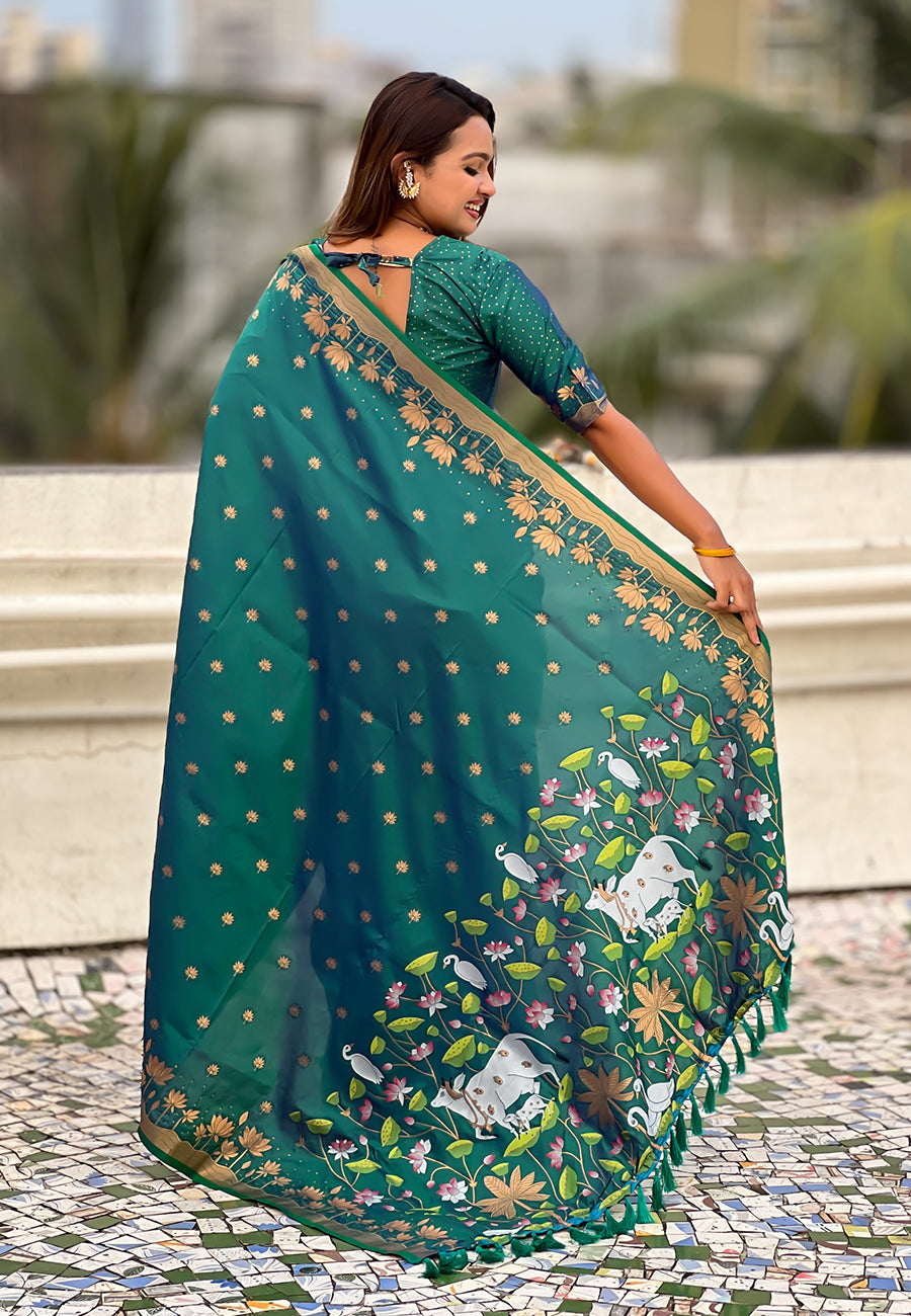 Mihira Powerloom Paithani Silk Ready To Wear Pocket Saree | Peacock Green