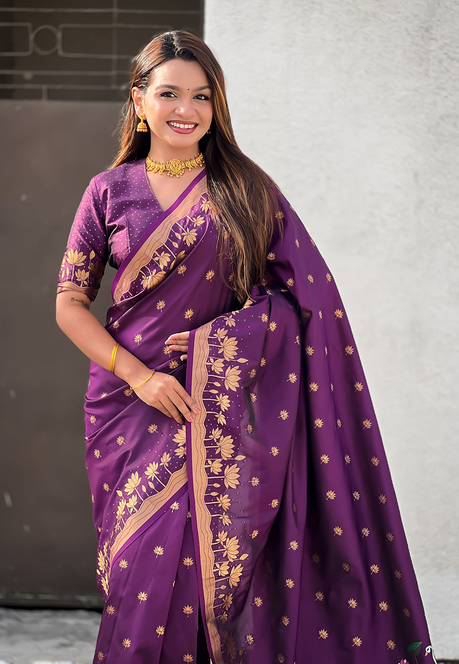 Mihira Powerloom Paithani Silk Ready To Wear Pocket Saree | Wine