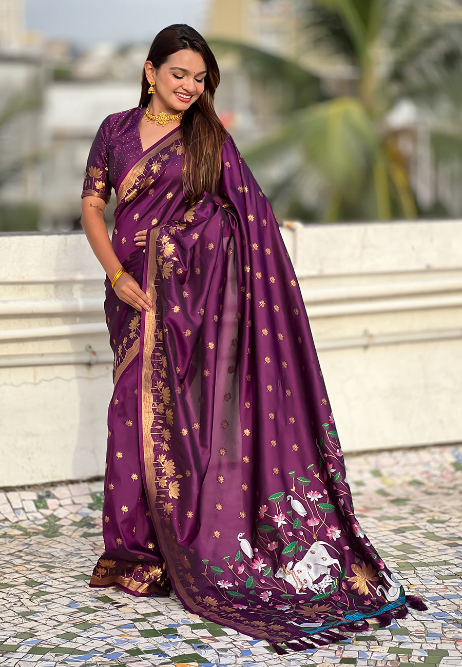 Mihira Powerloom Paithani Silk Ready To Wear Pocket Saree | Wine