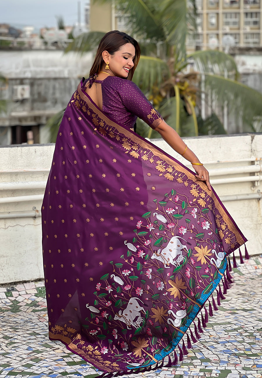 Mihira Powerloom Paithani Silk Ready To Wear Pocket Saree | Wine