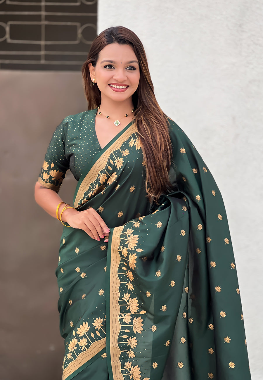 Mihira Powerloom Paithani Silk Ready To Wear Pocket Saree | Bottle Green