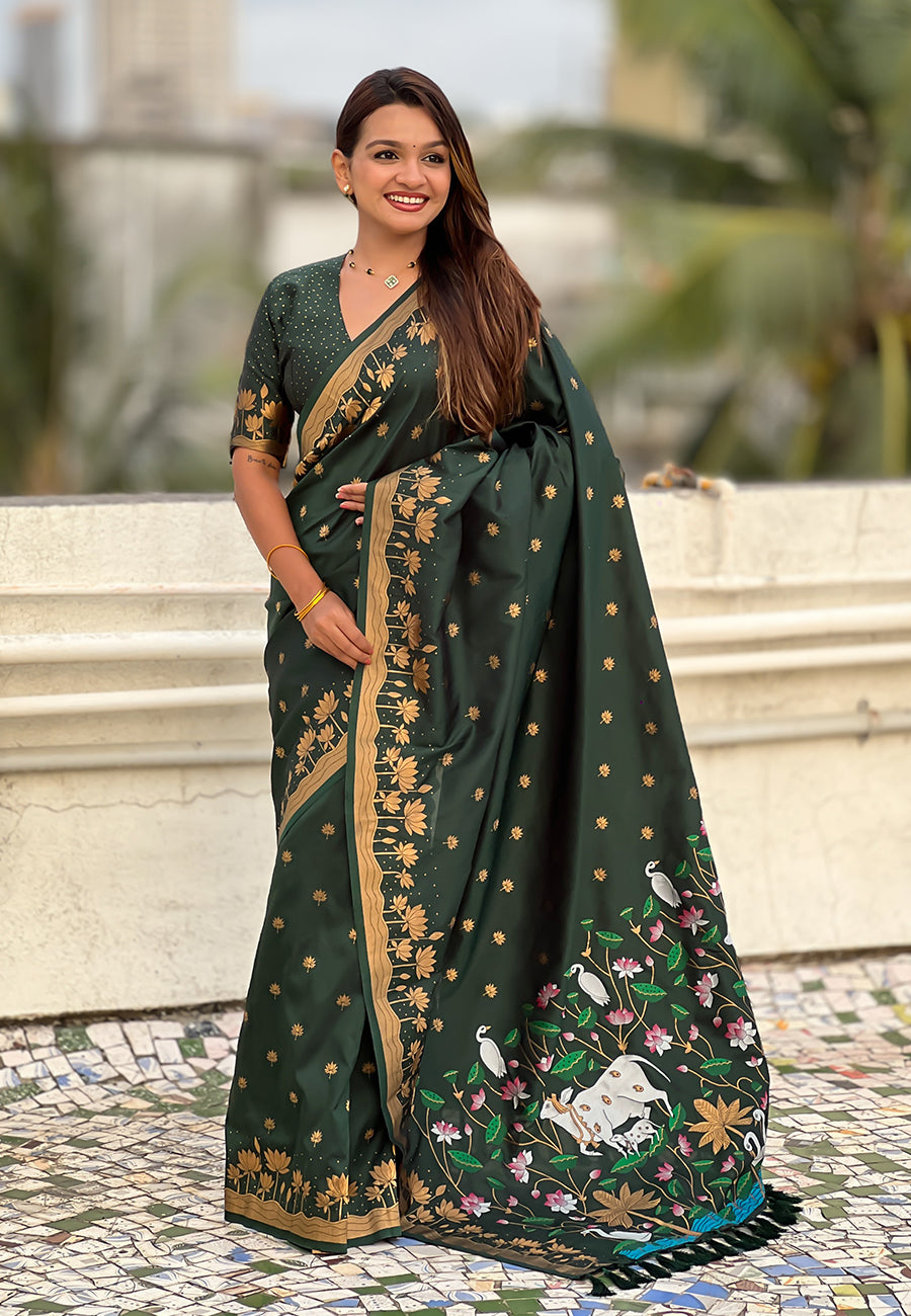 Mihira Powerloom Paithani Silk Ready To Wear Pocket Saree | Bottle Green