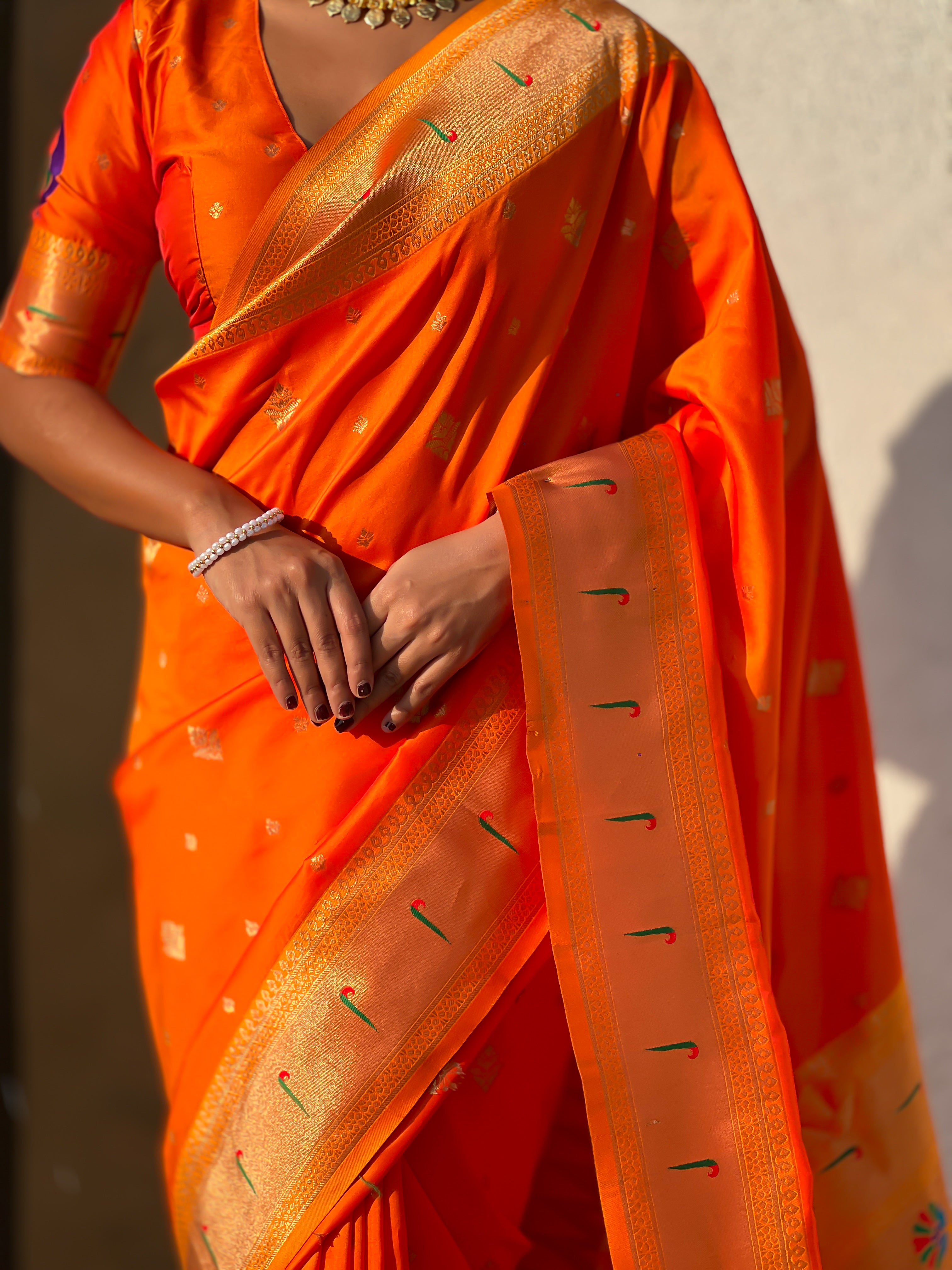 Rajmayur Powerloom Paithani (Orange) Ready To Wear Pocket Saree