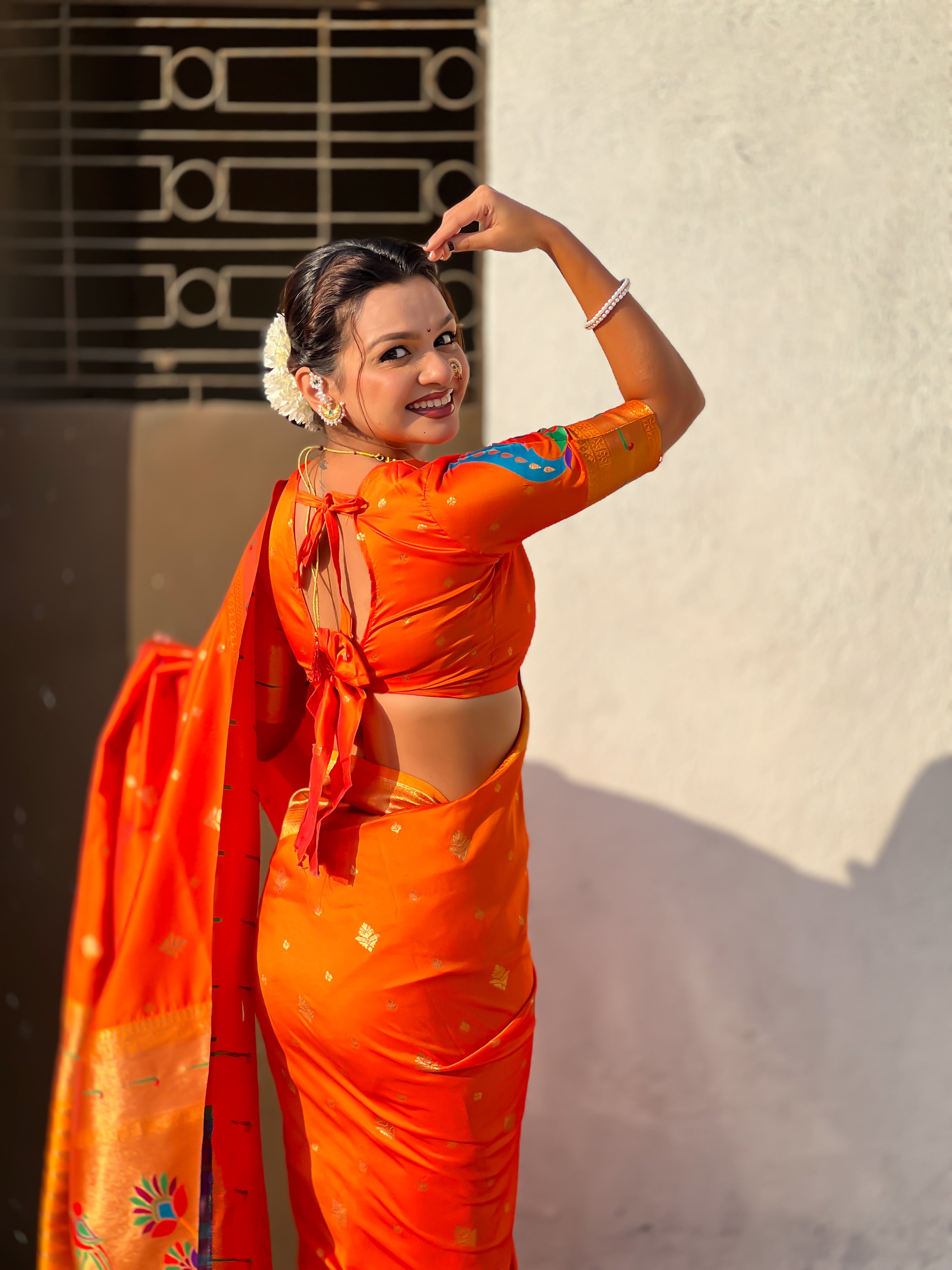Rajmayur Powerloom Paithani (Orange) Ready To Wear Pocket Saree