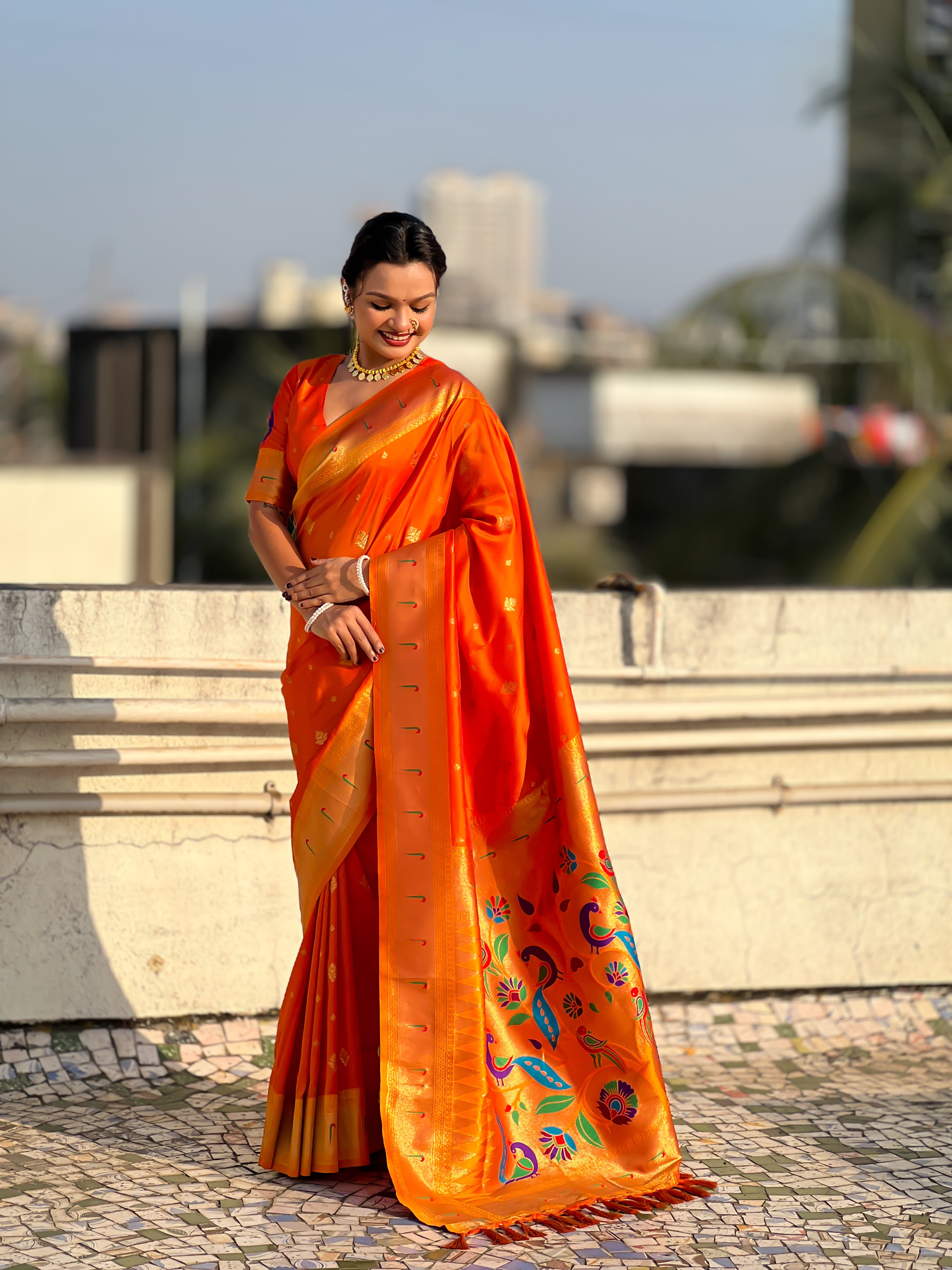 Rajmayur Powerloom Paithani (Orange) Ready To Wear Pocket Saree