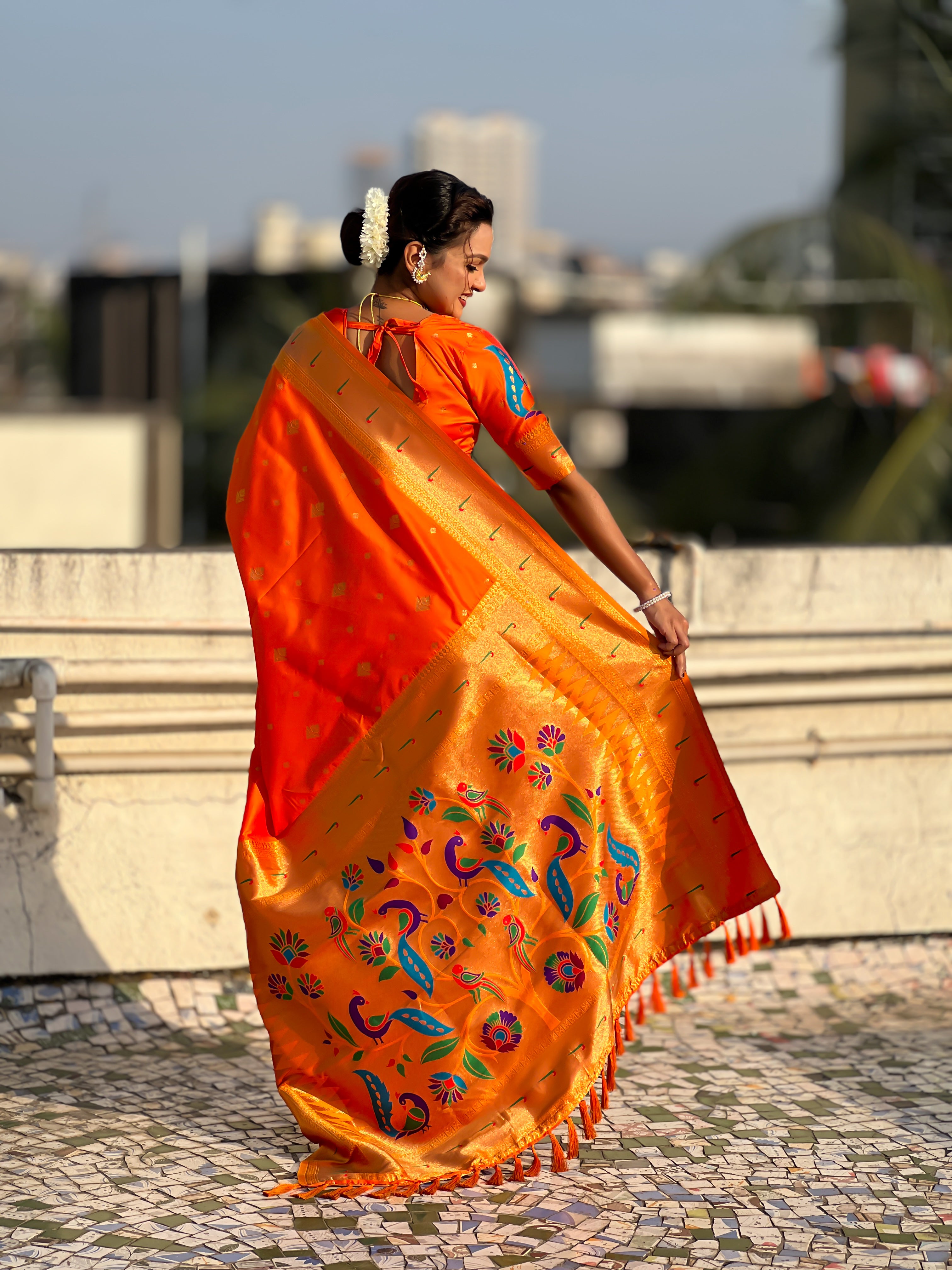 Rajmayur Powerloom Paithani (Orange) Ready To Wear Pocket Saree