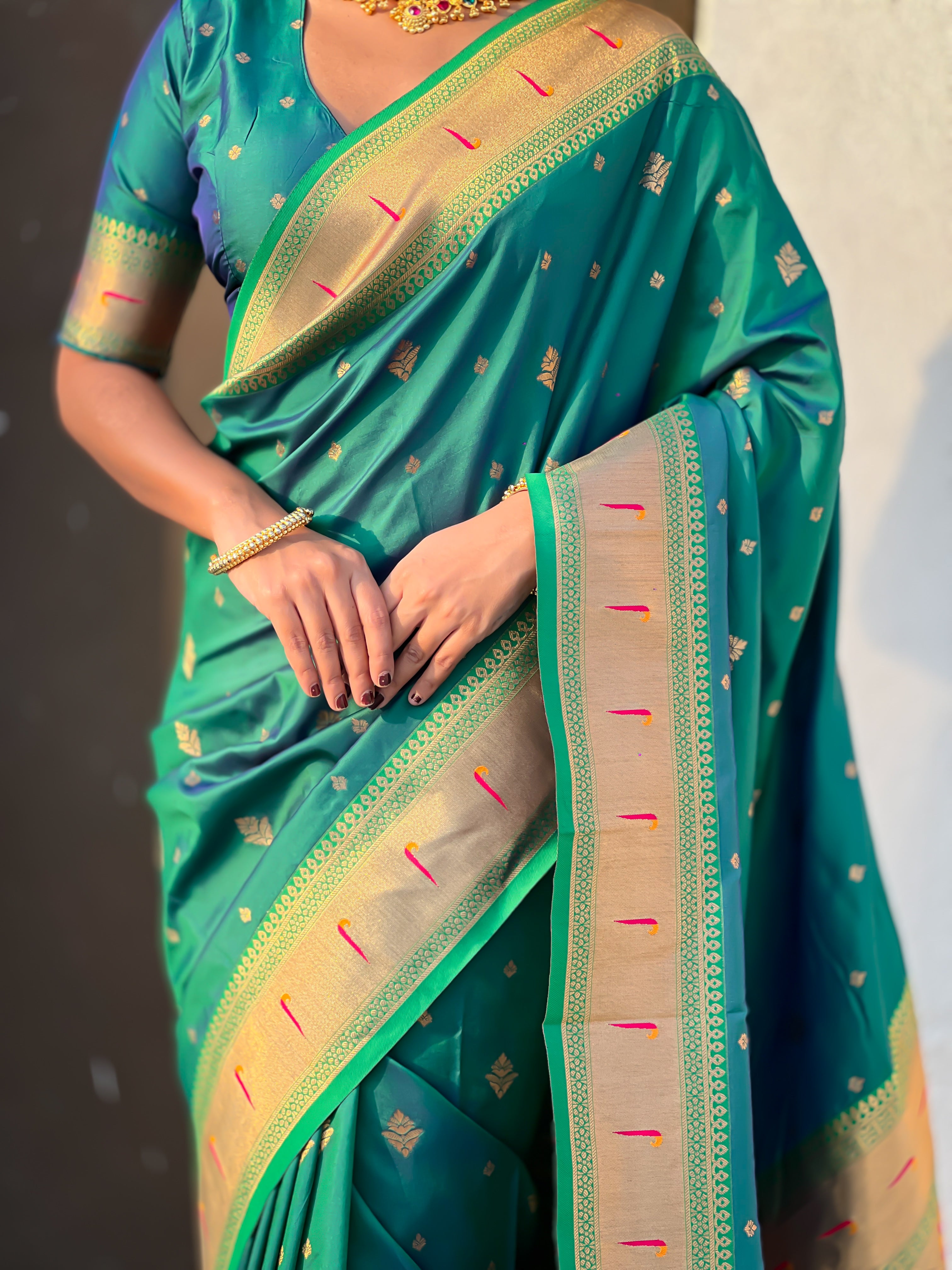 Rajmayur Powerloom Paithani (Green) Ready To Wear Pocket Saree