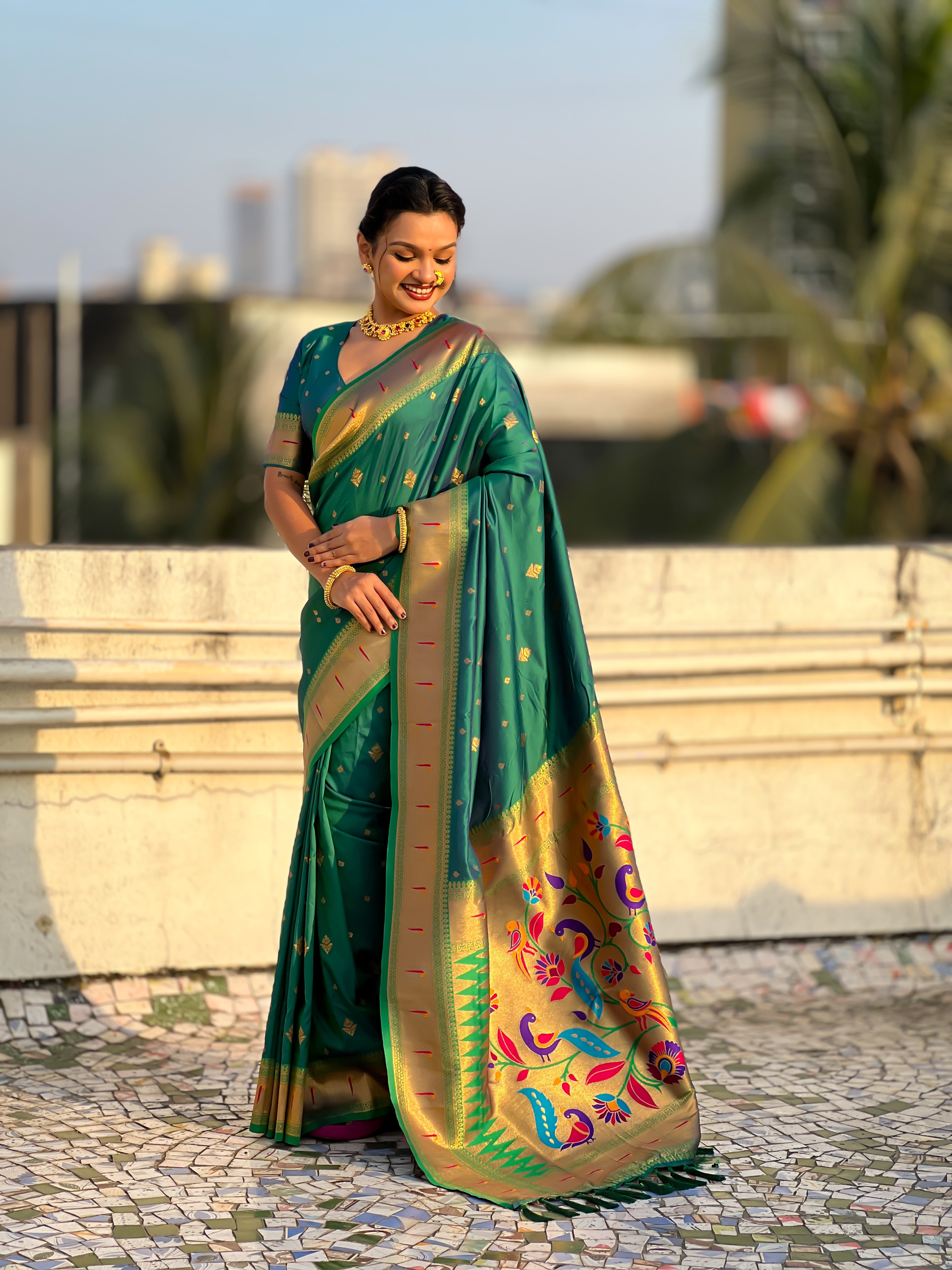 Rajmayur Powerloom Paithani (Green) Ready To Wear Pocket Saree