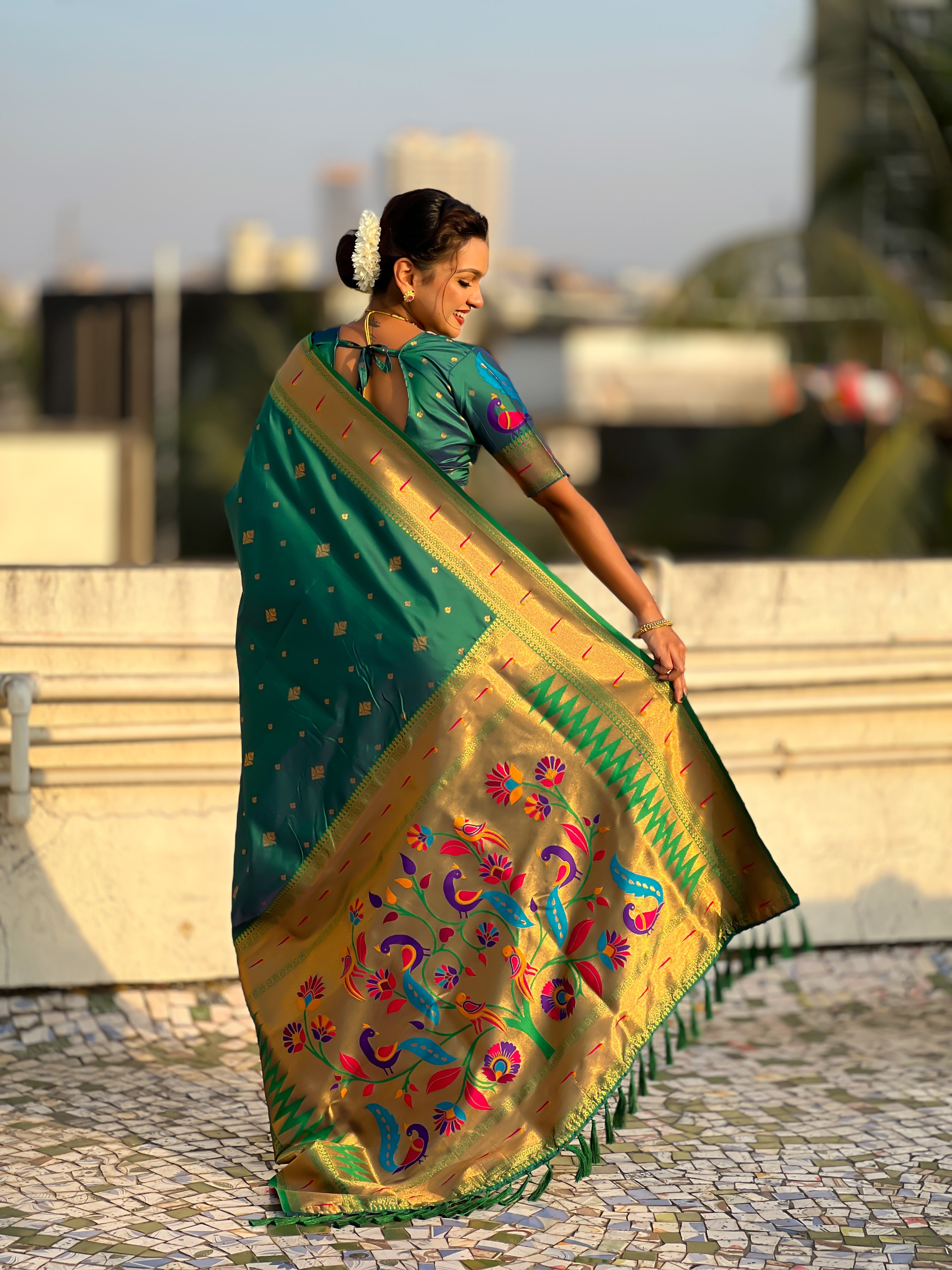 Rajmayur Powerloom Paithani (Green) Ready To Wear Pocket Saree