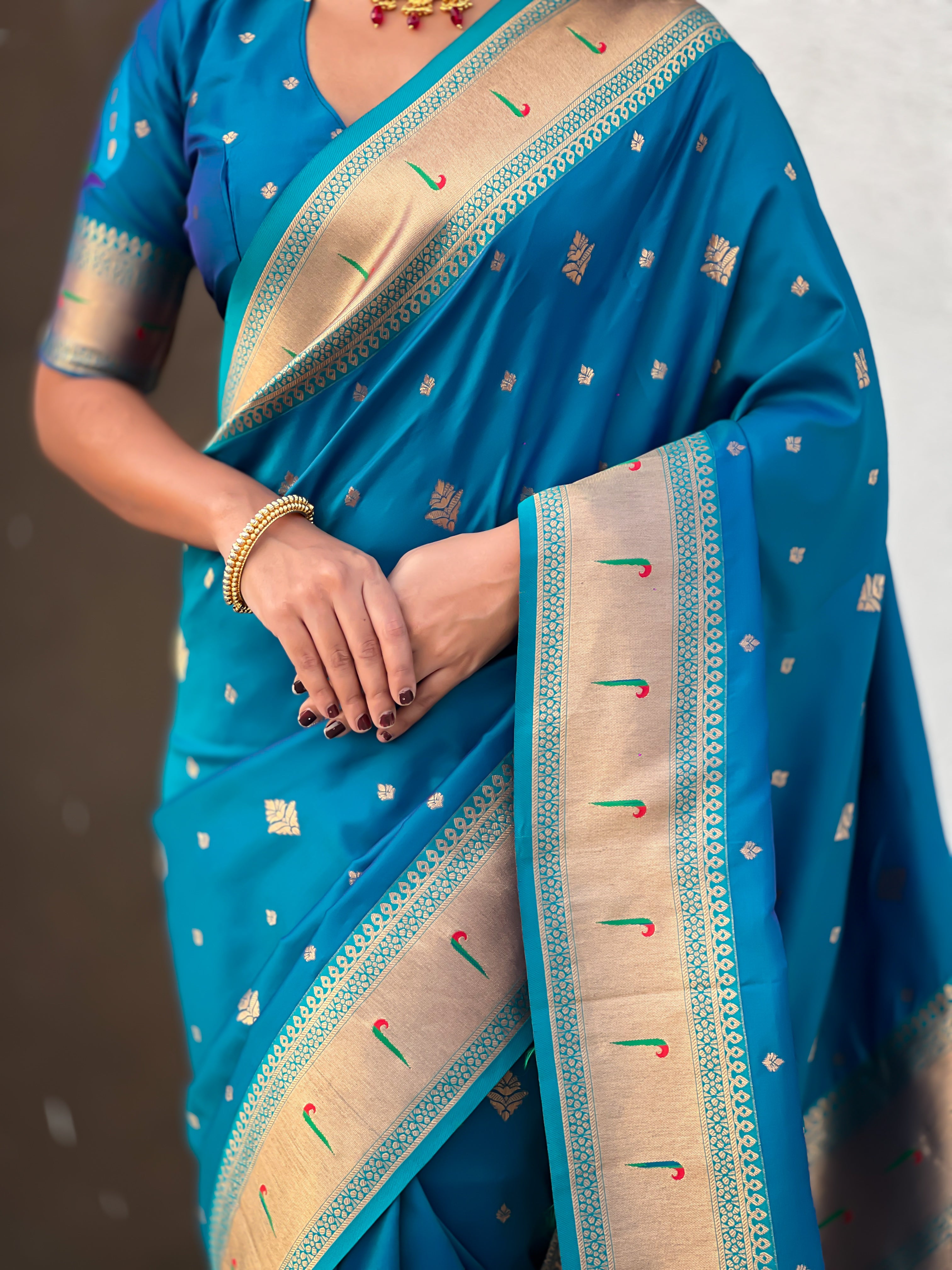 Rajmayur Powerloom Paithani (Blue) Ready To Wear Pocket Saree