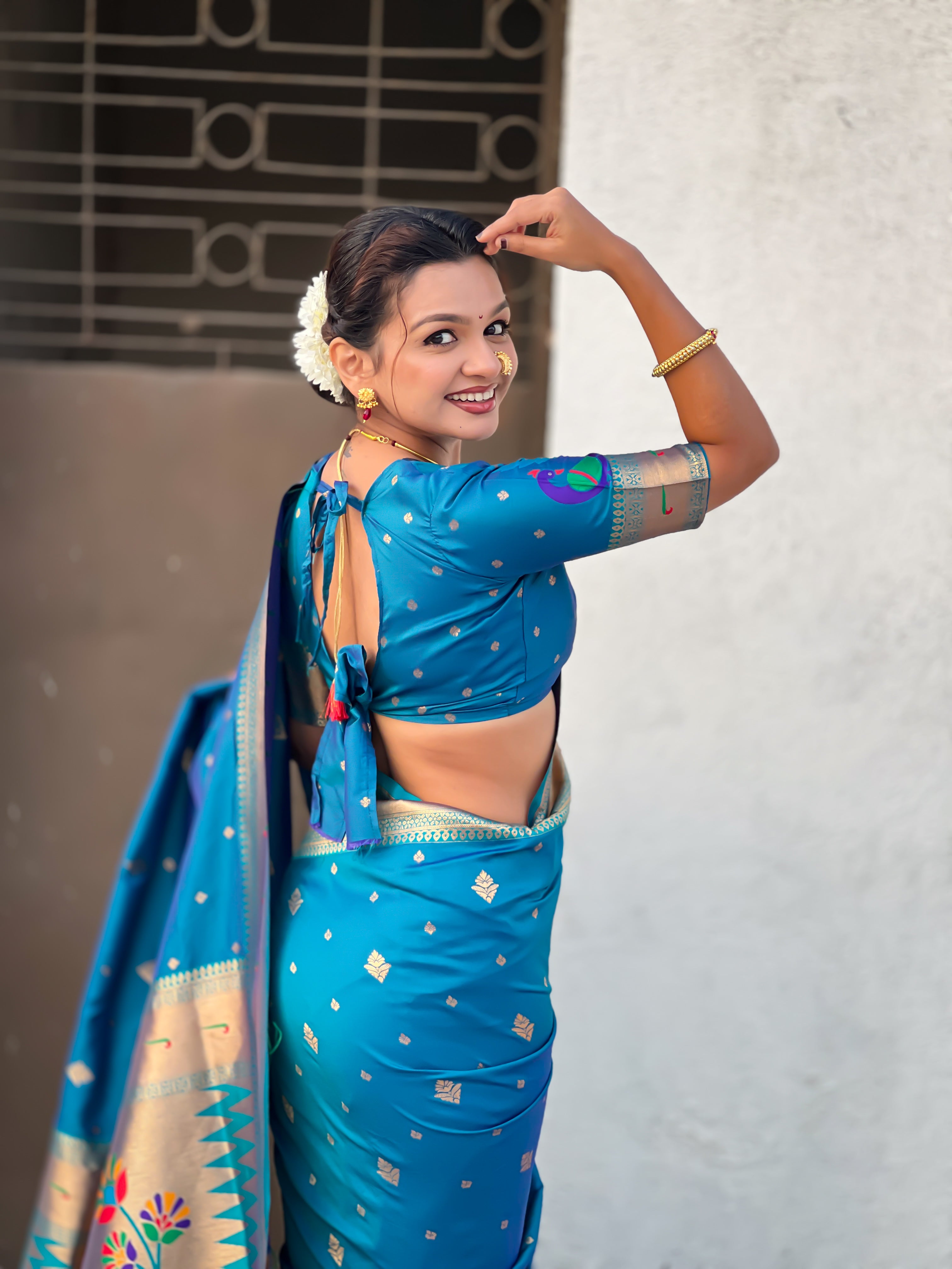 Rajmayur Powerloom Paithani (Blue) Ready To Wear Pocket Saree