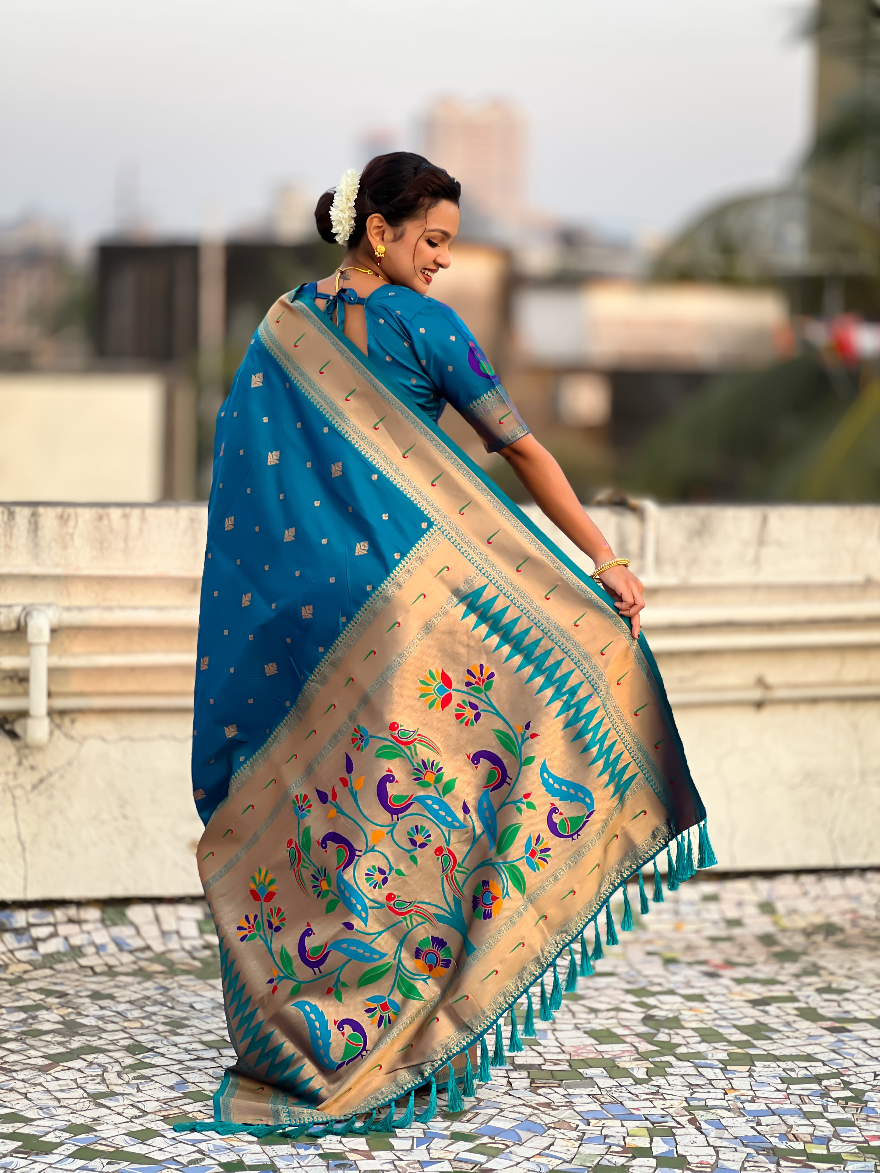 Rajmayur Powerloom Paithani (Blue) Ready To Wear Pocket Saree