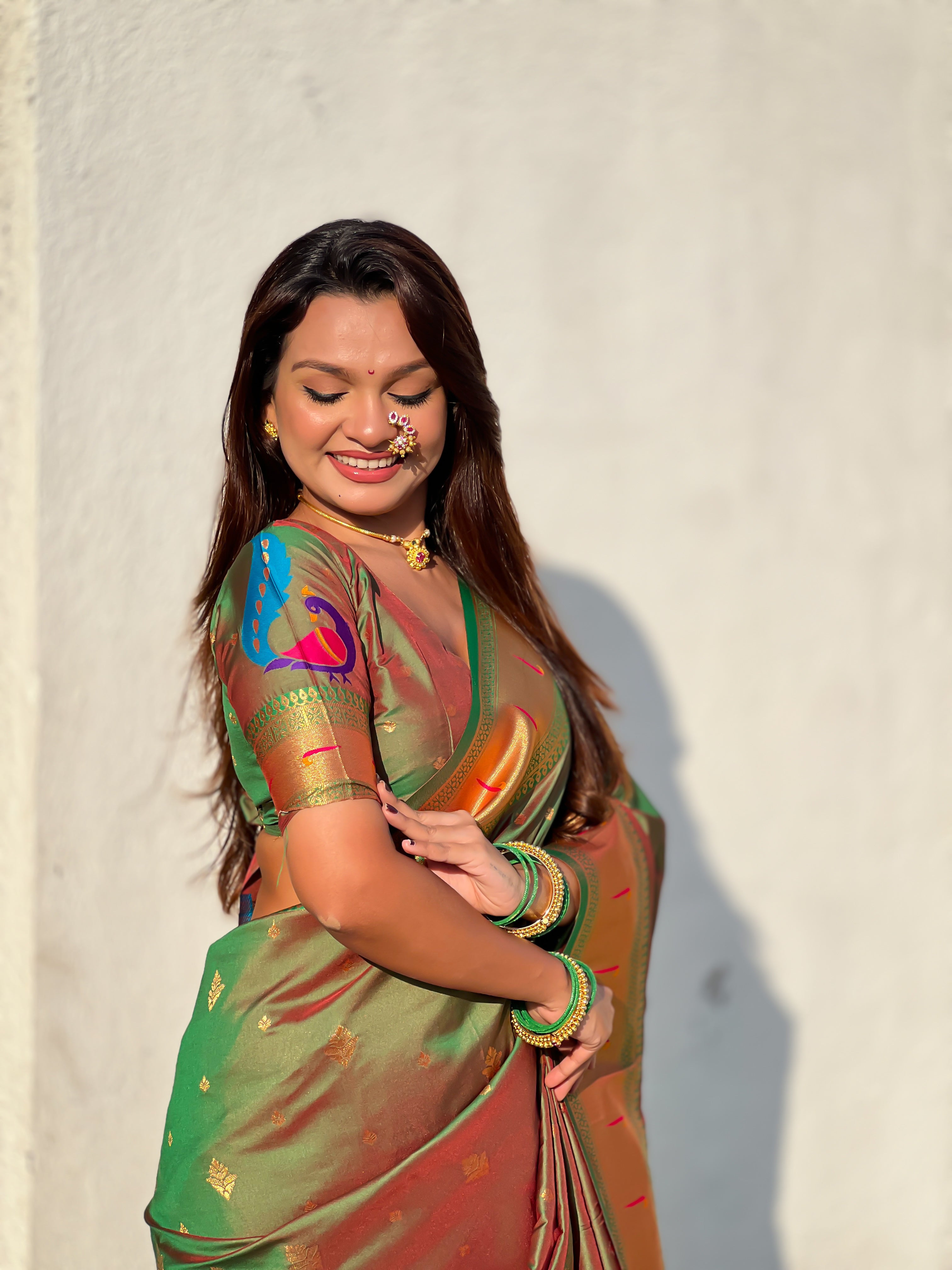 Rajmayur Powerloom Paithani (Mehandi Green) Ready To Wear Pocket Saree