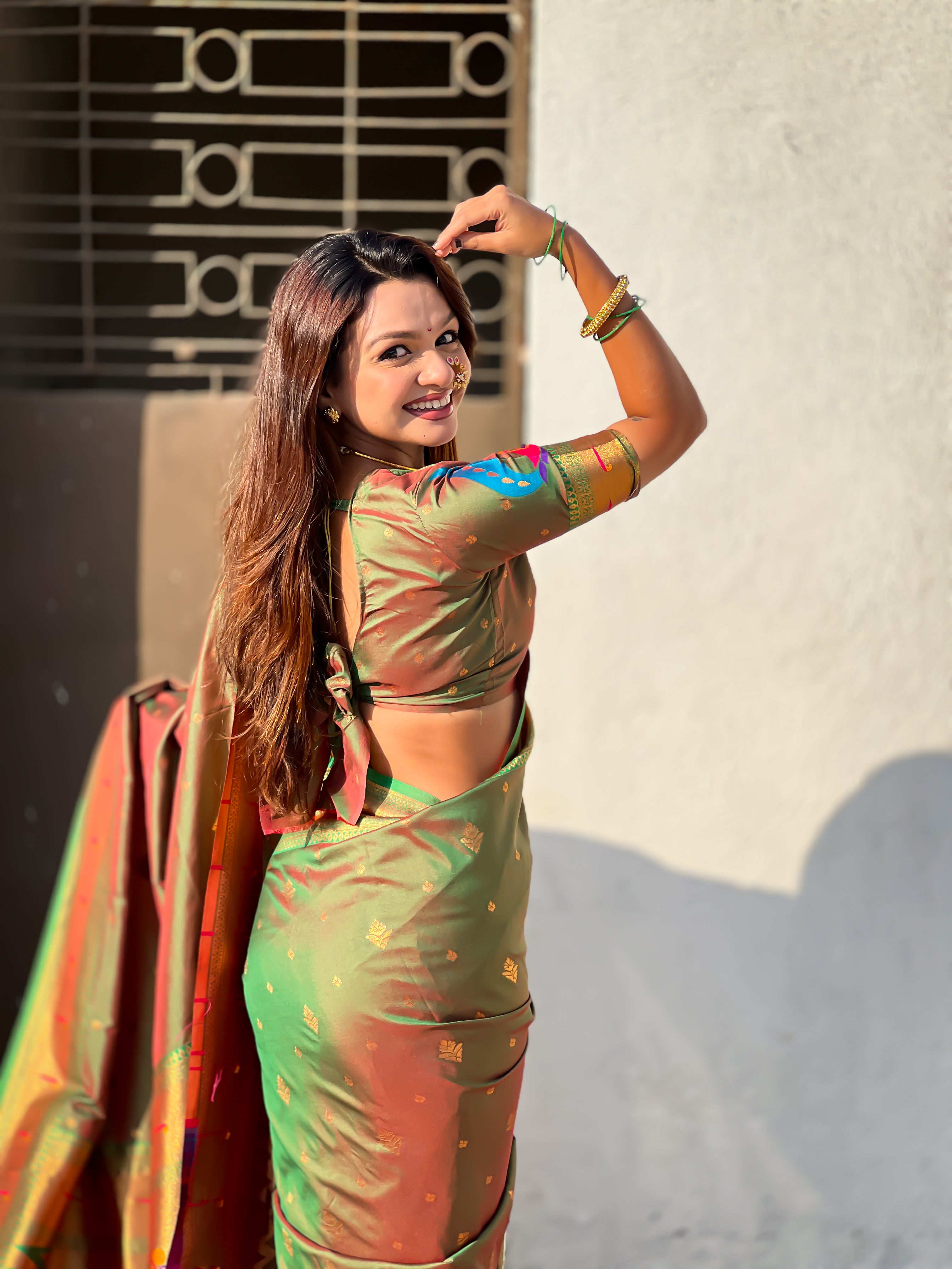 Rajmayur Powerloom Paithani (Mehandi Green) Ready To Wear Pocket Saree