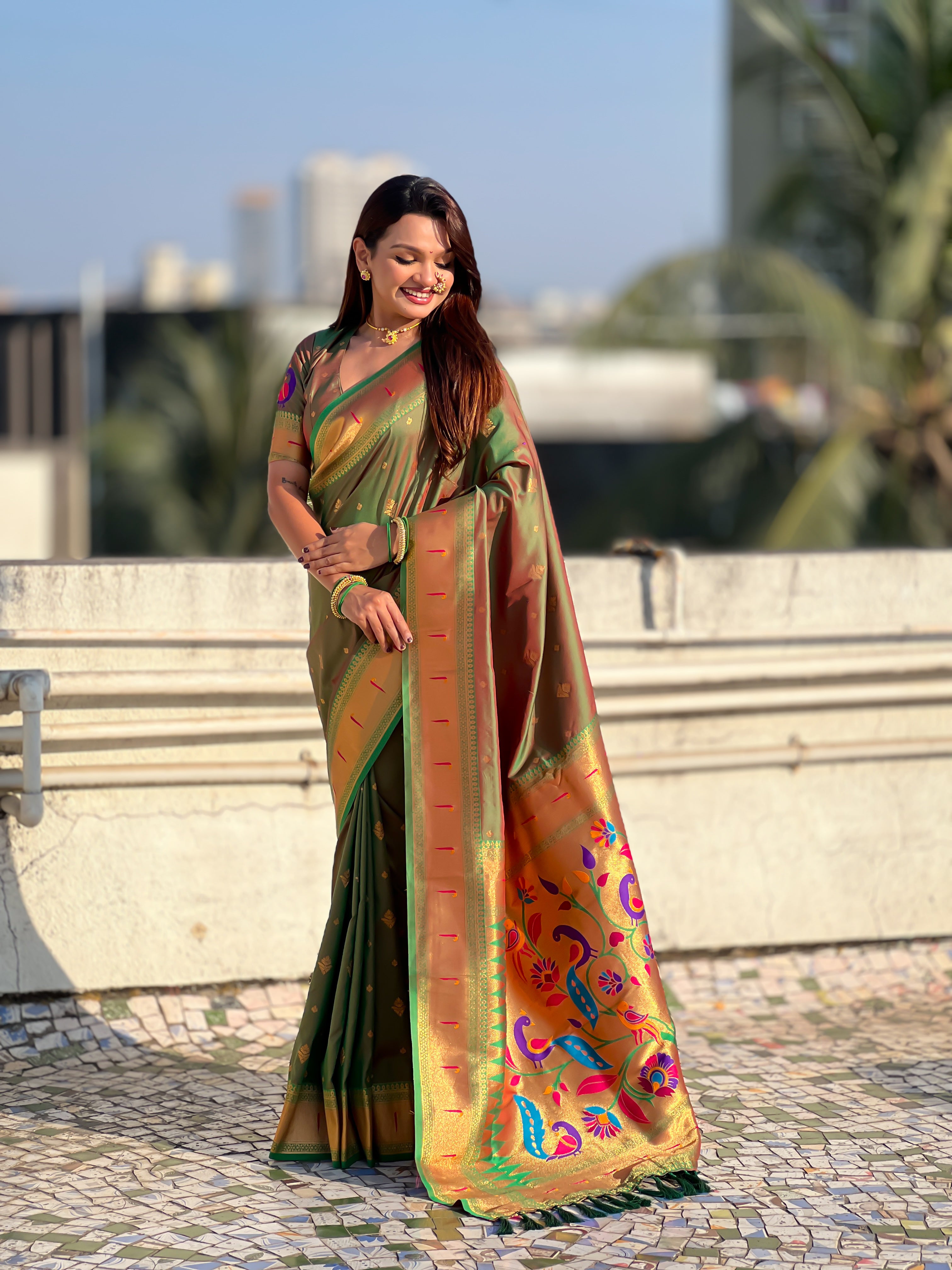 Rajmayur Powerloom Paithani (Mehandi Green) Ready To Wear Pocket Saree