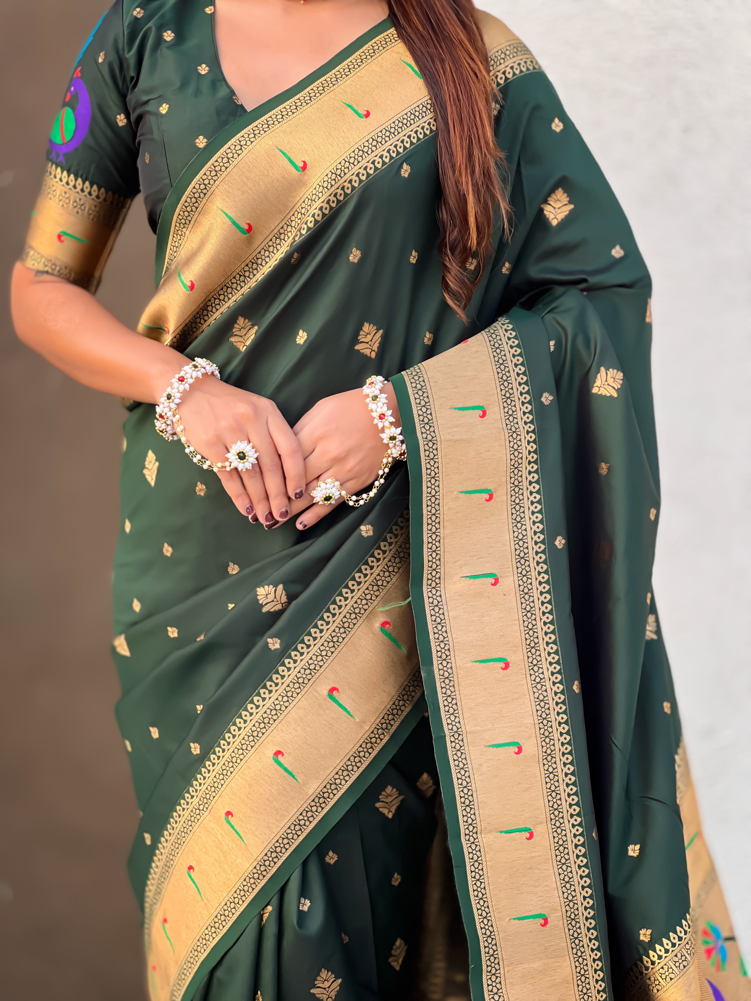 Rajmayur Powerloom Paithani (Bottle Green) Ready To Wear Pocket Saree