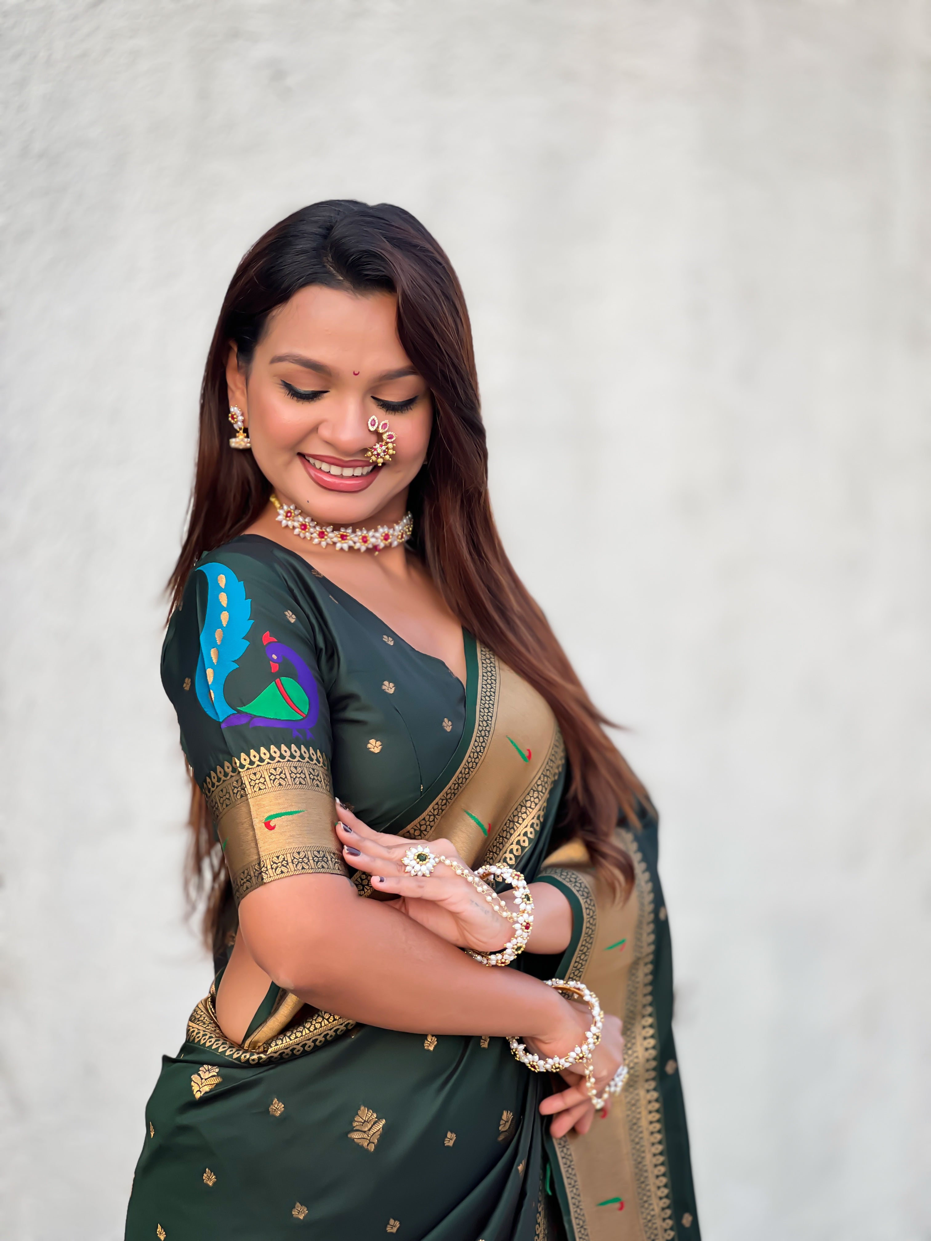 Rajmayur Powerloom Paithani (Bottle Green) Ready To Wear Pocket Saree