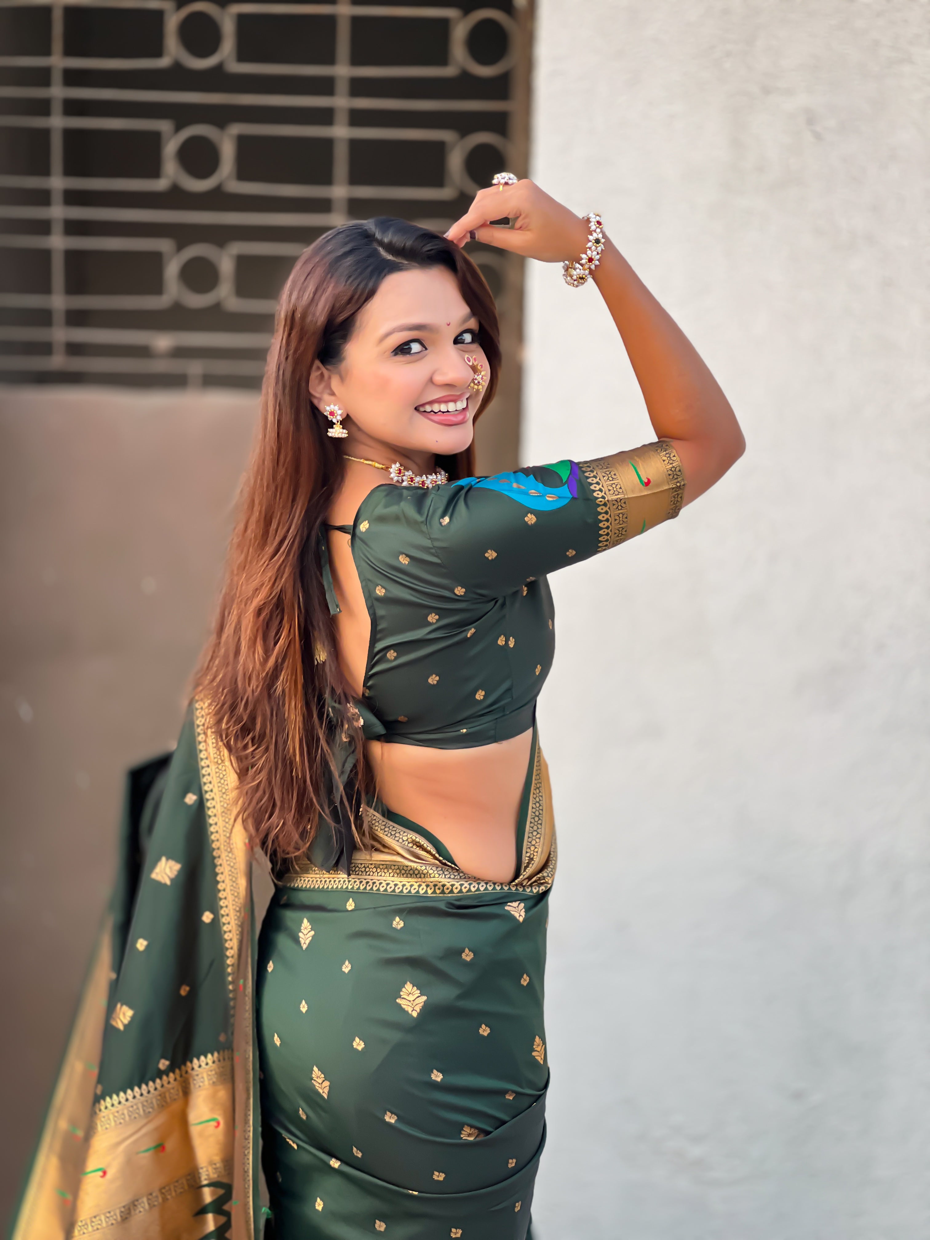 Rajmayur Powerloom Paithani (Bottle Green) Ready To Wear Pocket Saree