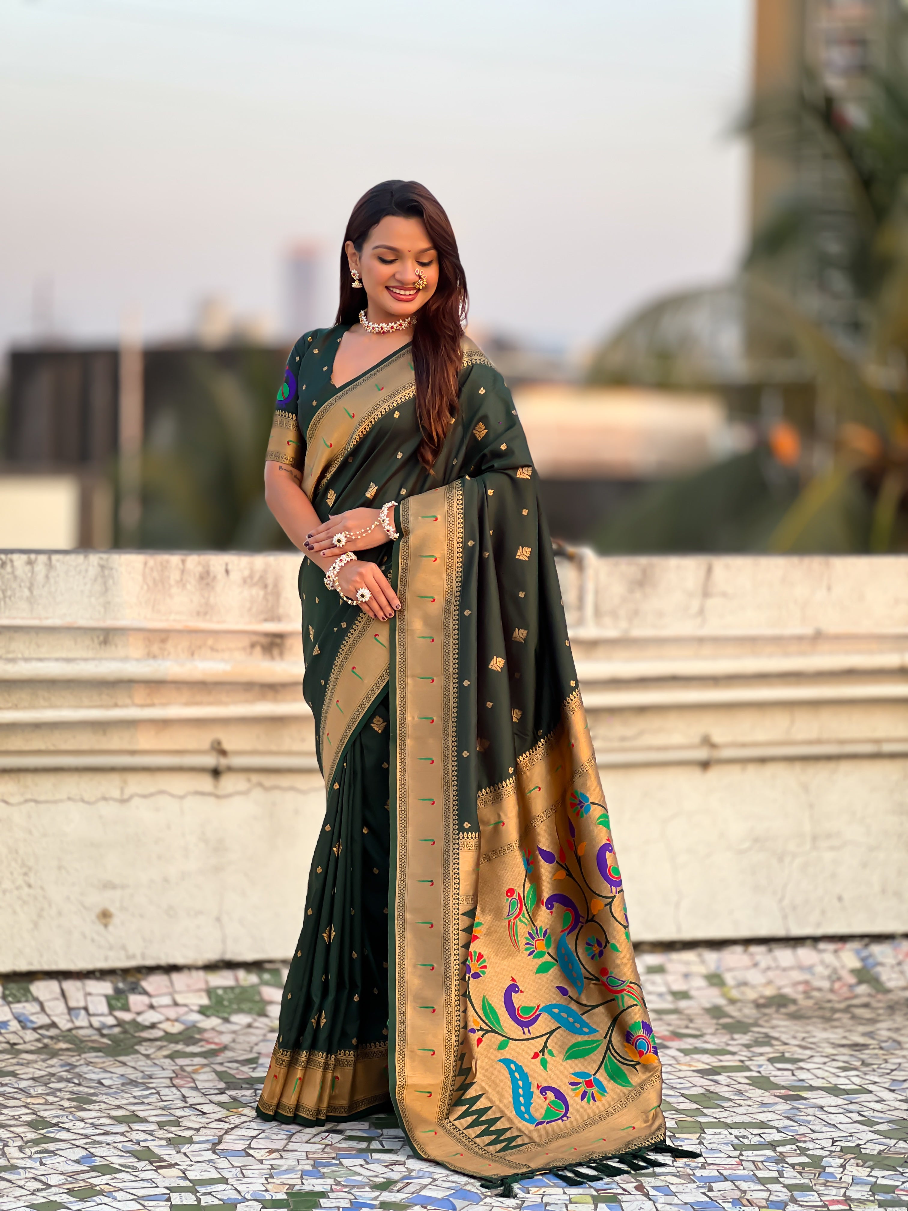 Rajmayur Powerloom Paithani (Bottle Green) Ready To Wear Pocket Saree
