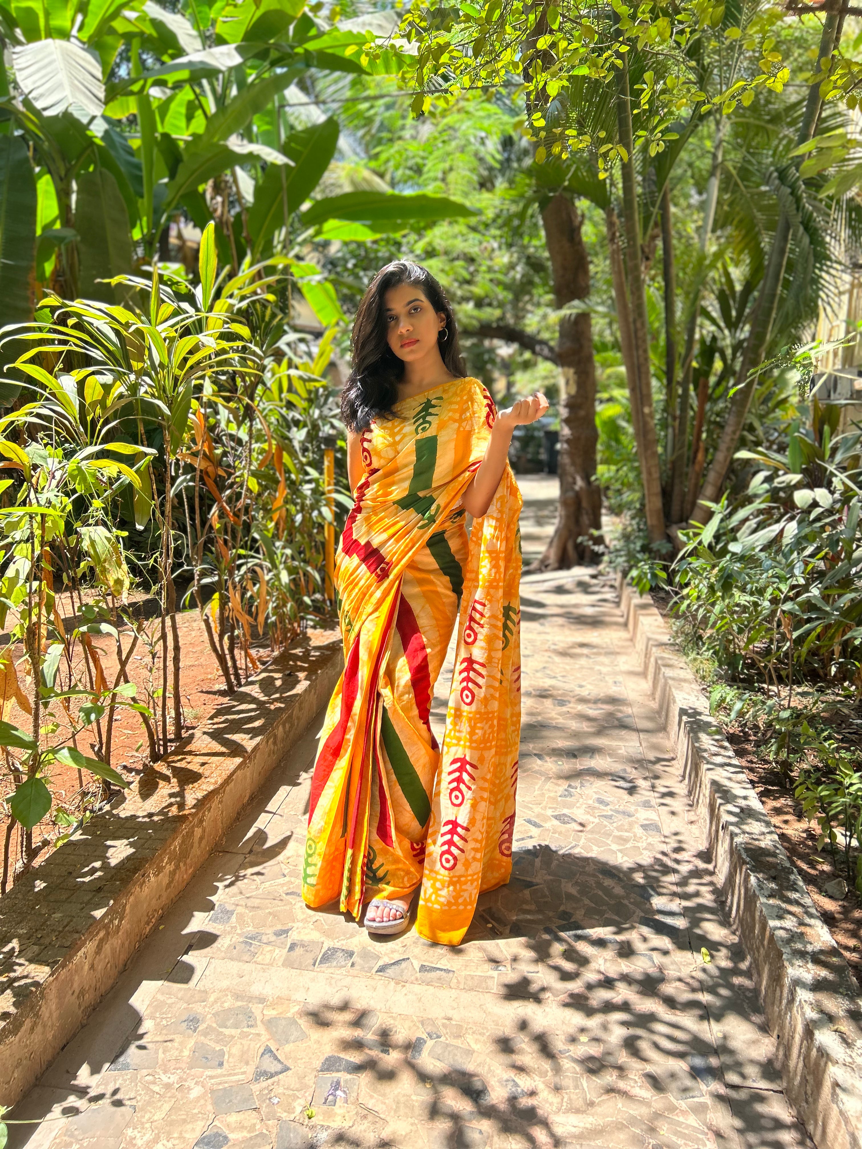 Colour Carnival Mul Cotton Hand Block Printed Ready-to-wear Pocket Saree