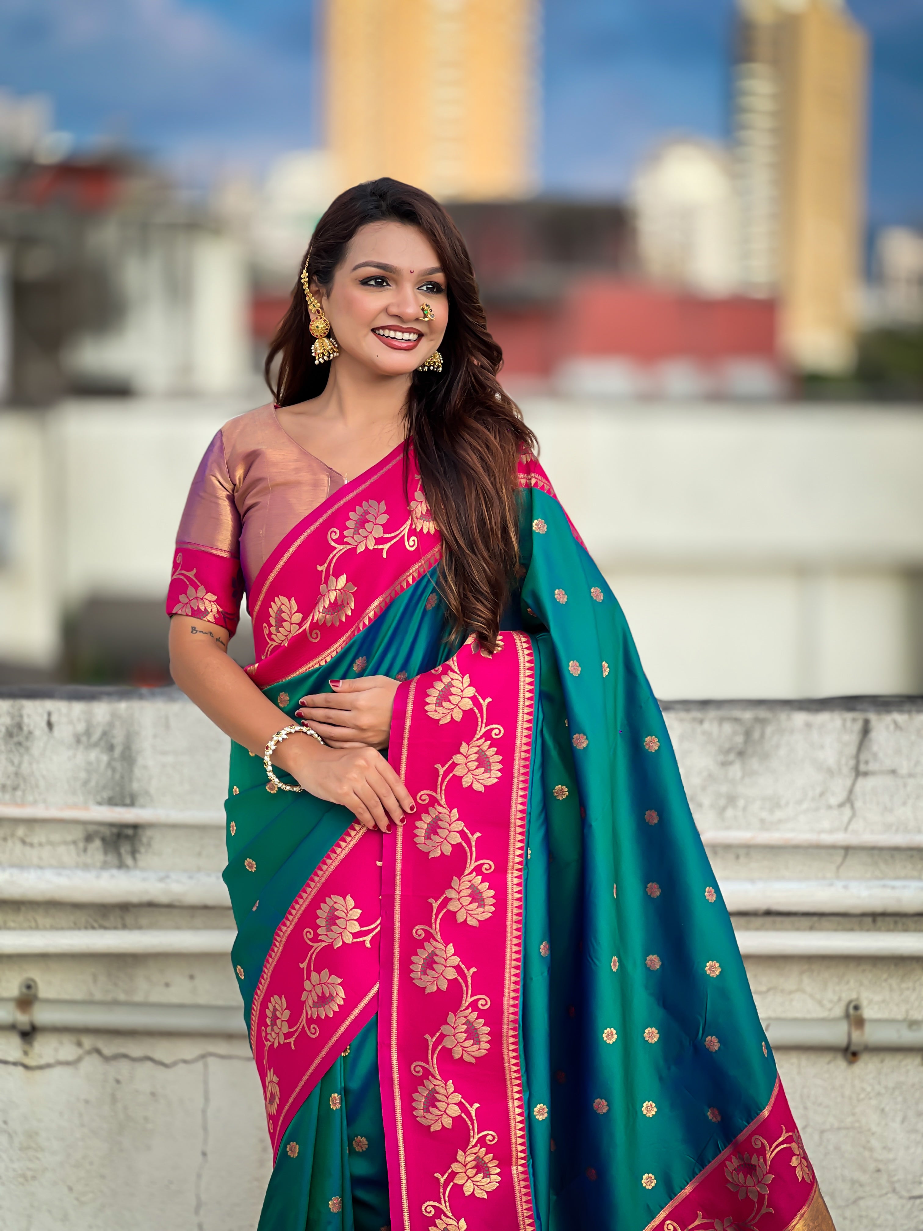 Aabha Powerloom Paithani Silk (Teal) Ready To Wear Pocket Saree