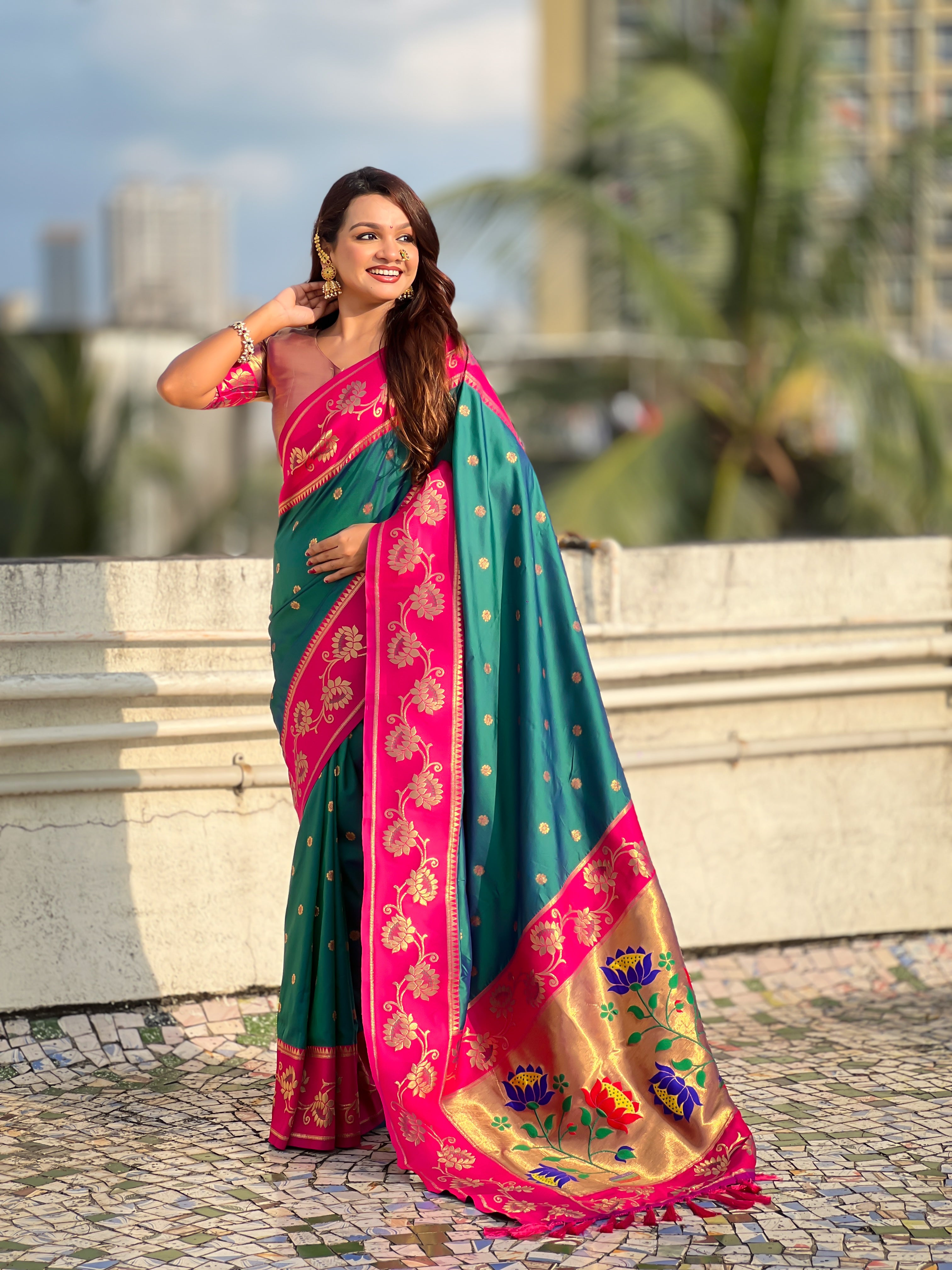 Aabha Powerloom Paithani Silk (Teal) Ready To Wear Pocket Saree