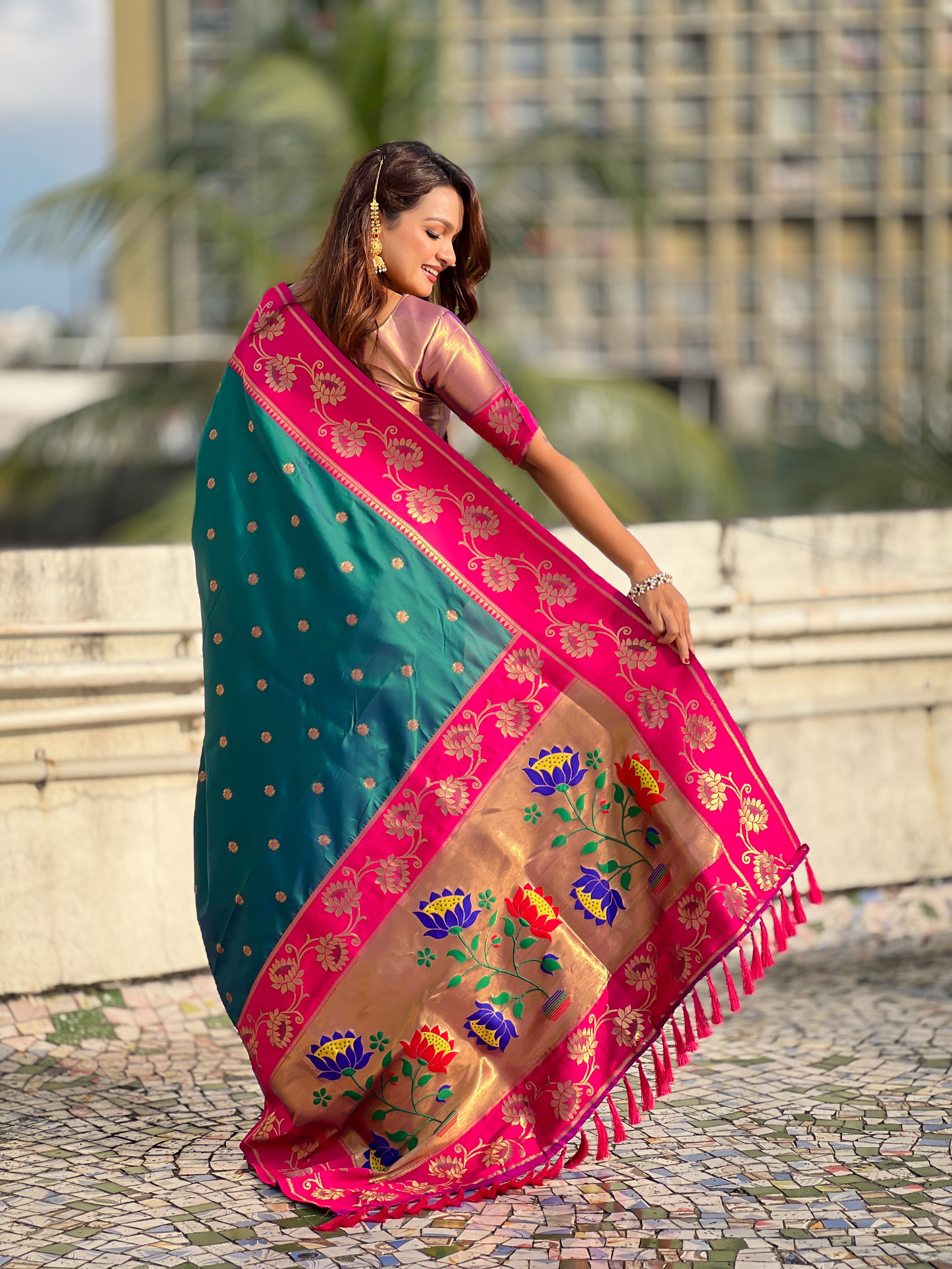 Aabha Powerloom Paithani Silk (Teal) Ready To Wear Pocket Saree