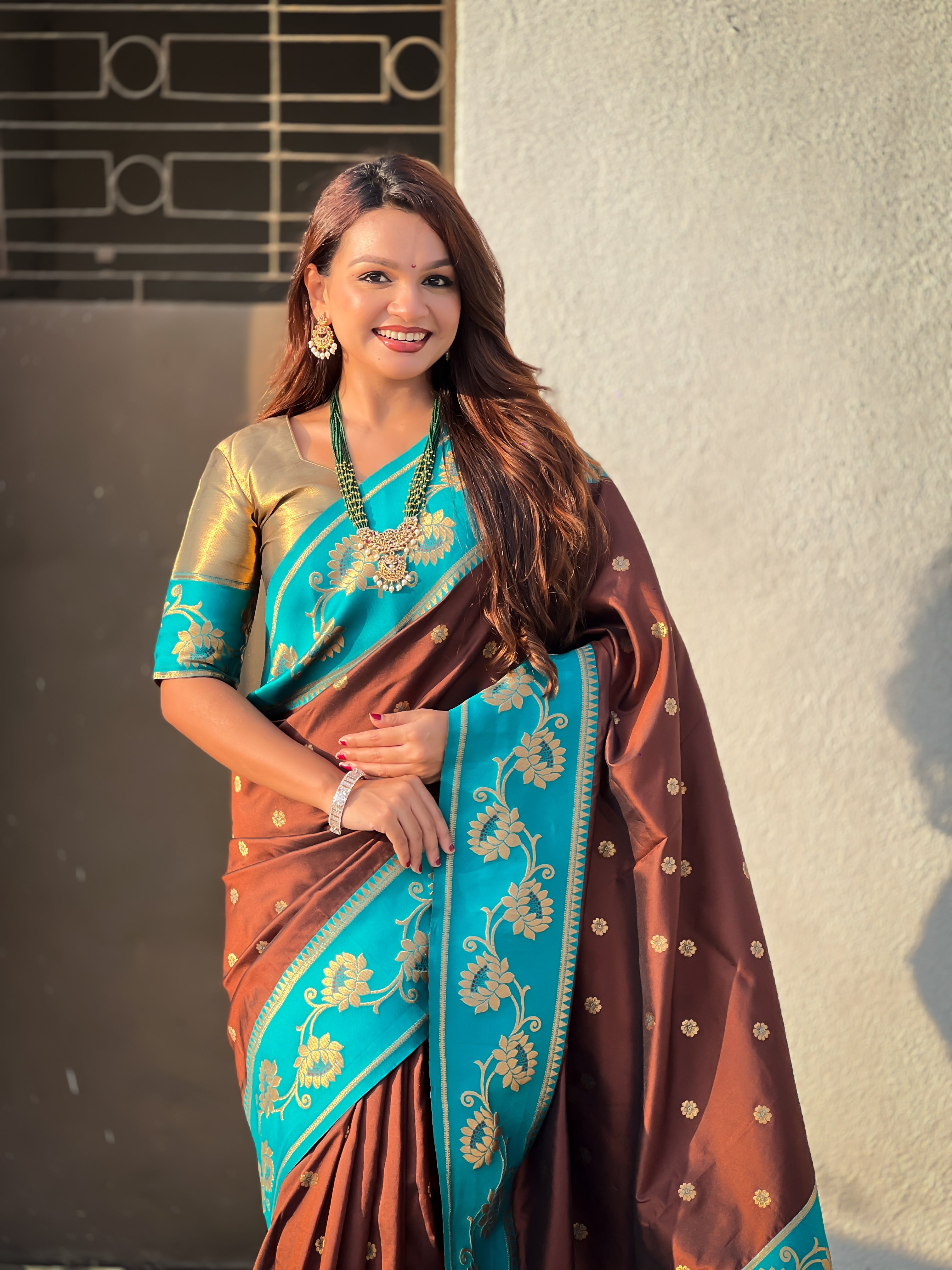 Aabha Powerloom Paithani Silk (Brown) Ready To Wear Pocket Saree