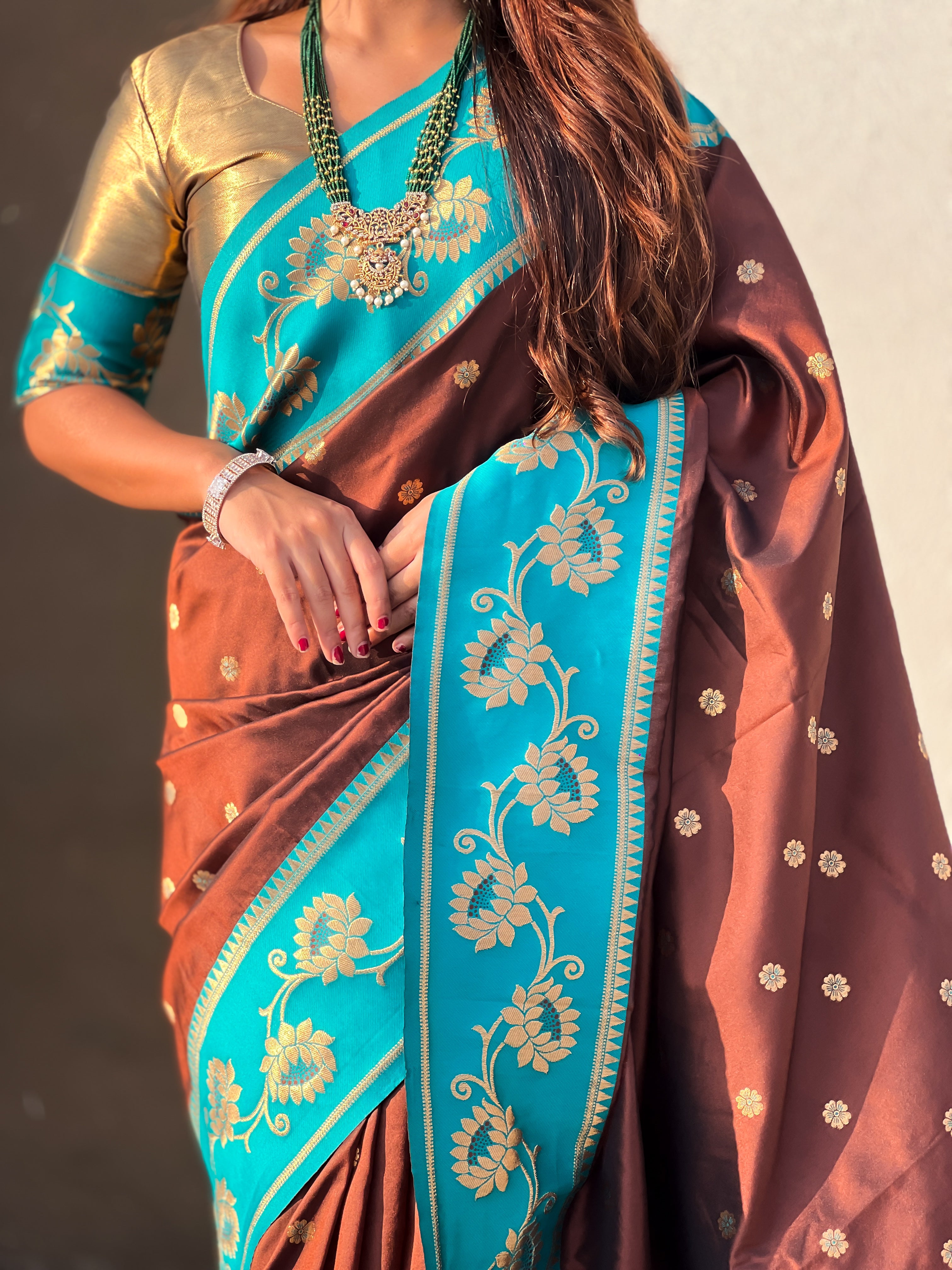 Aabha Powerloom Paithani Silk (Brown) Ready To Wear Pocket Saree