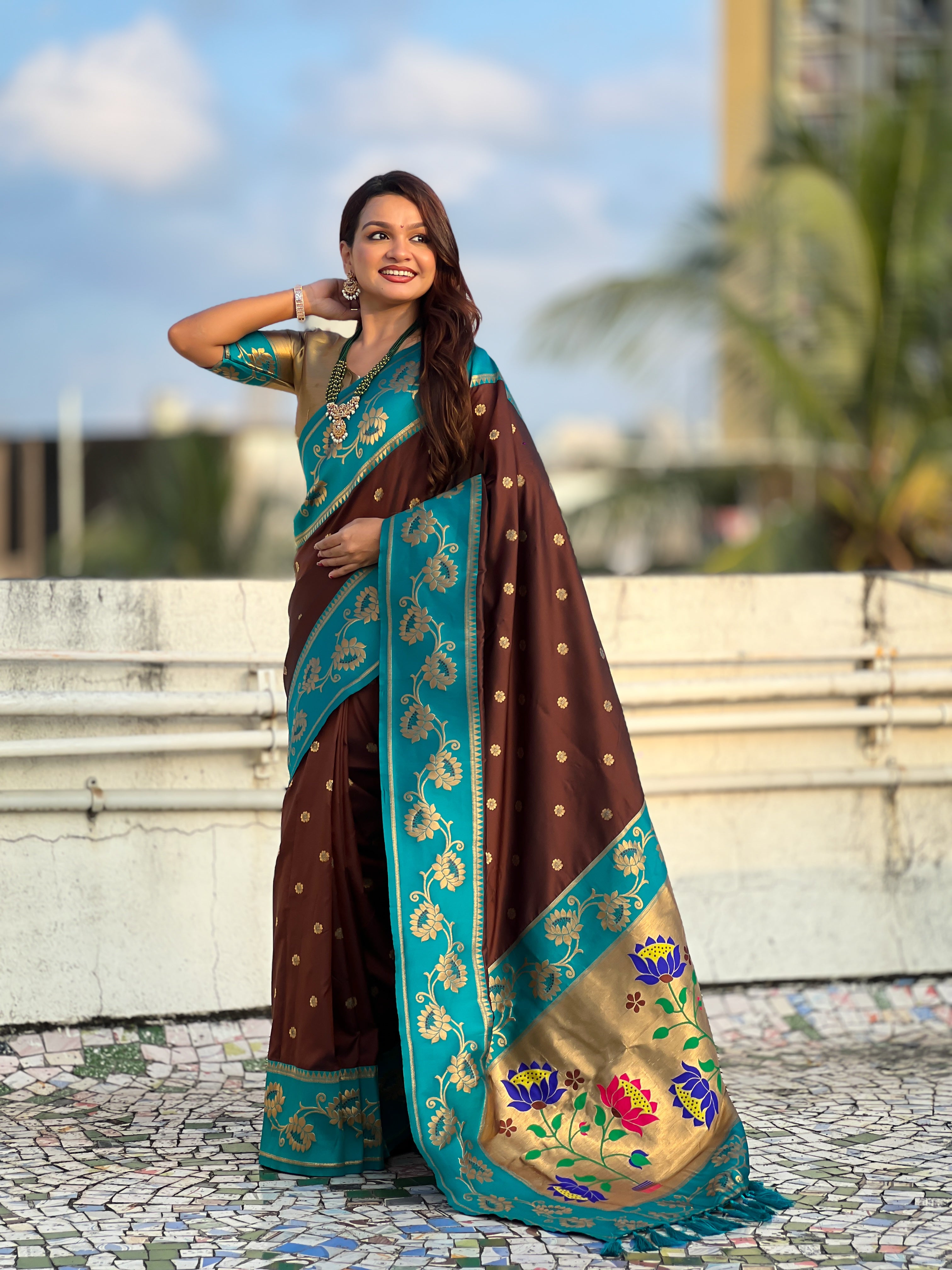 Aabha Powerloom Paithani Silk (Brown) Ready To Wear Pocket Saree