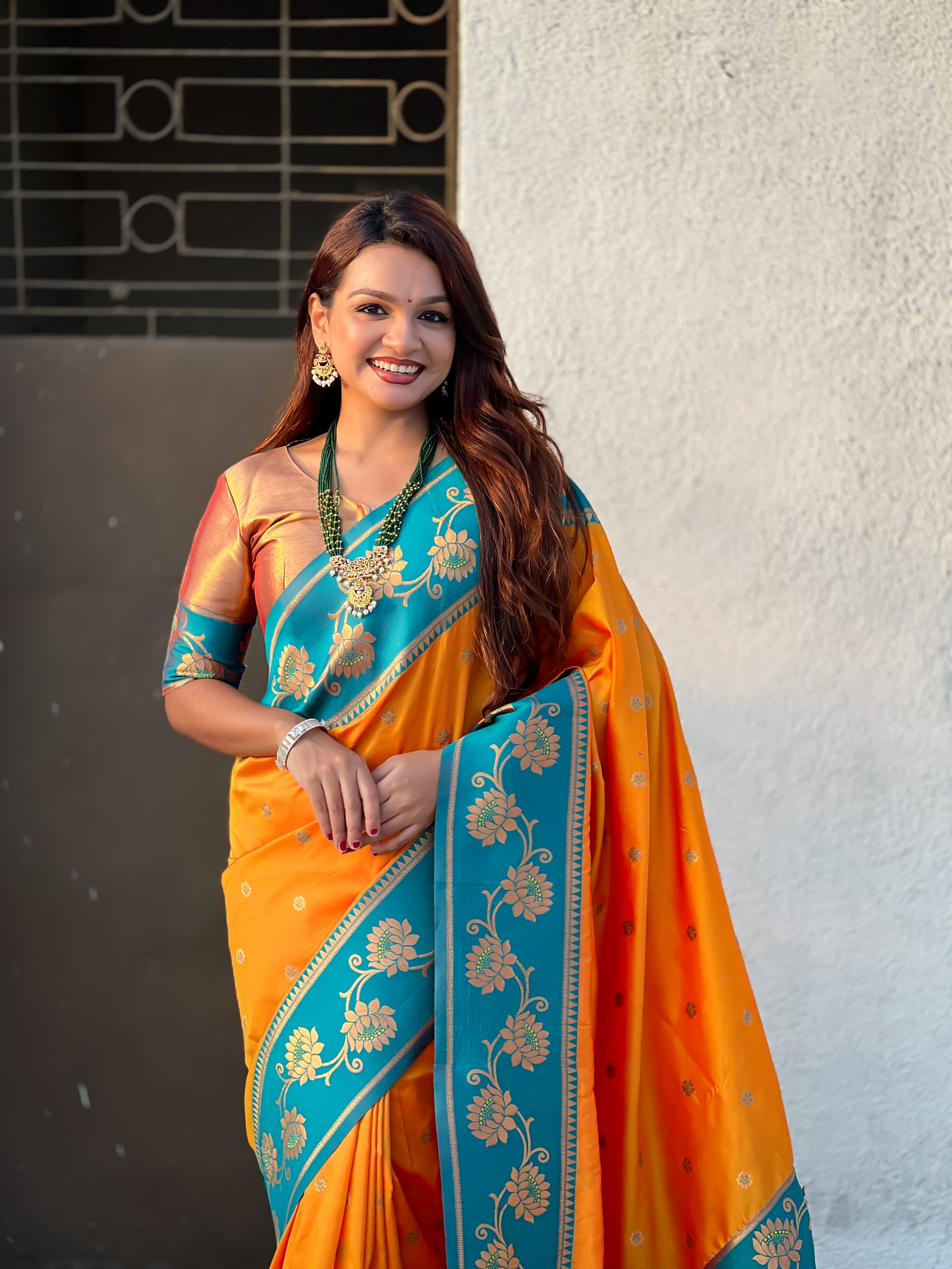 Aabha Powerloom Paithani Silk (Orange) Ready To Wear Pocket Saree