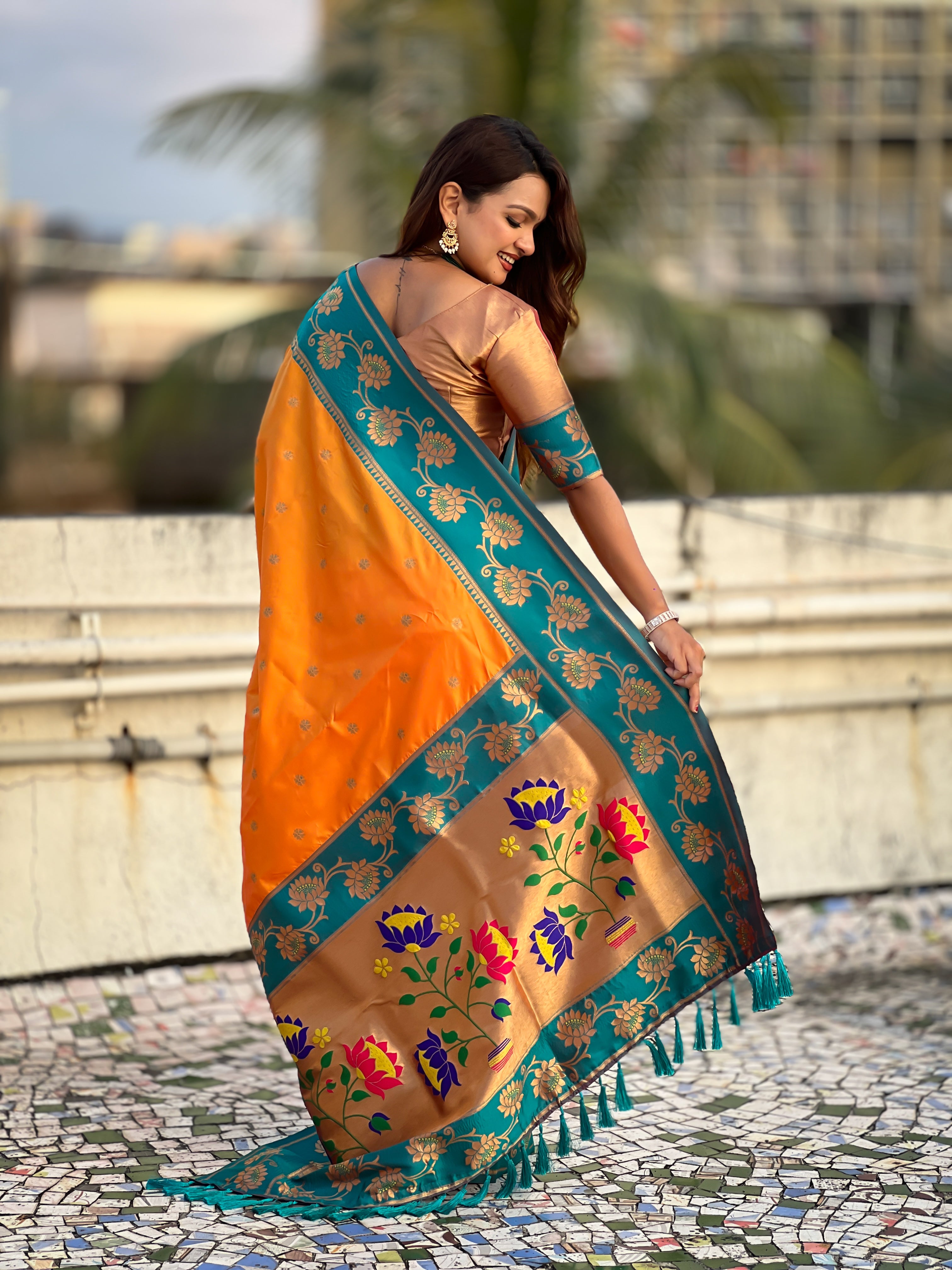 Aabha Powerloom Paithani Silk (Orange) Ready To Wear Pocket Saree