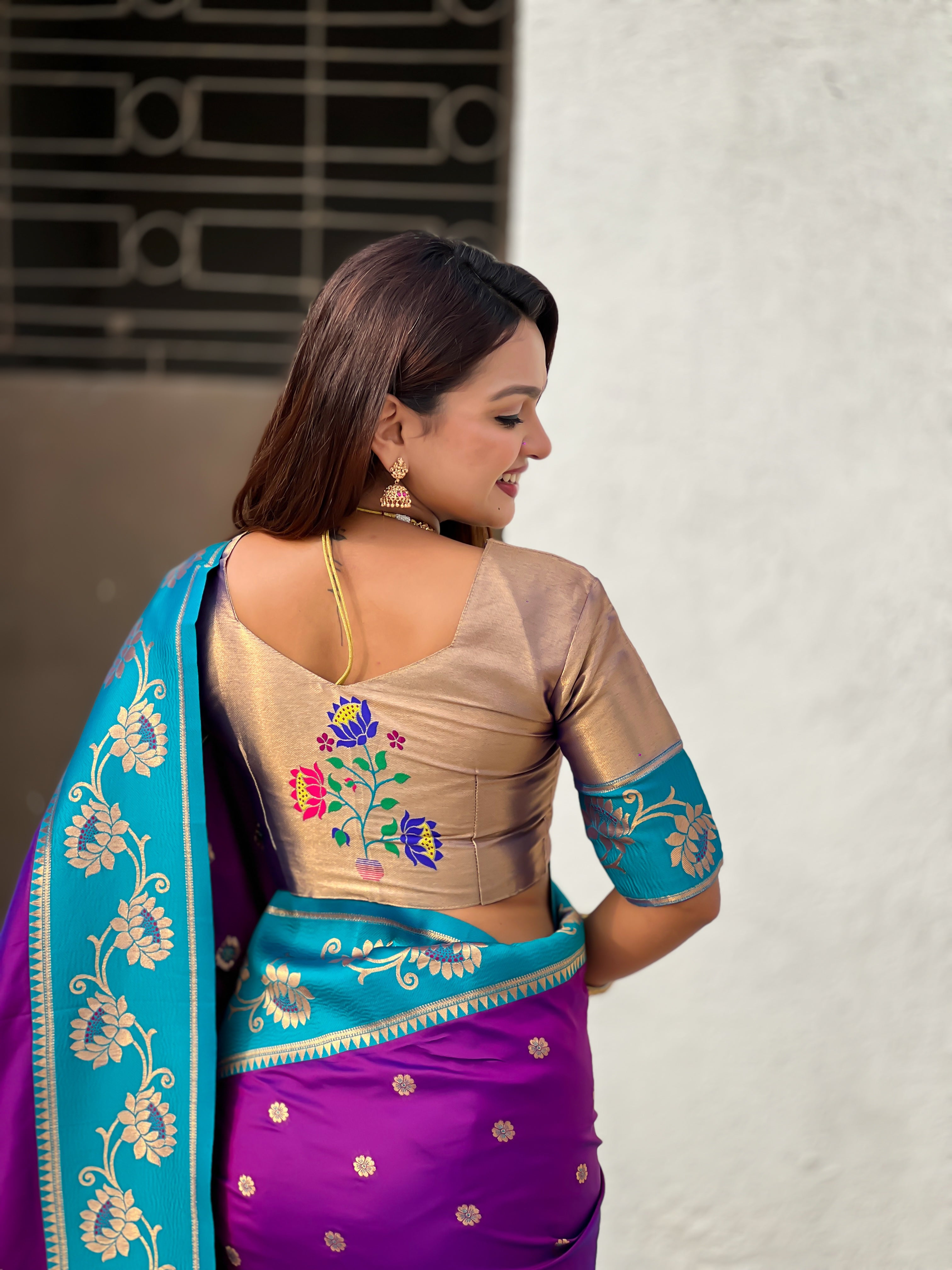 Aabha Powerloom Paithani Silk (Royal Purple) Ready To Wear Pocket Saree