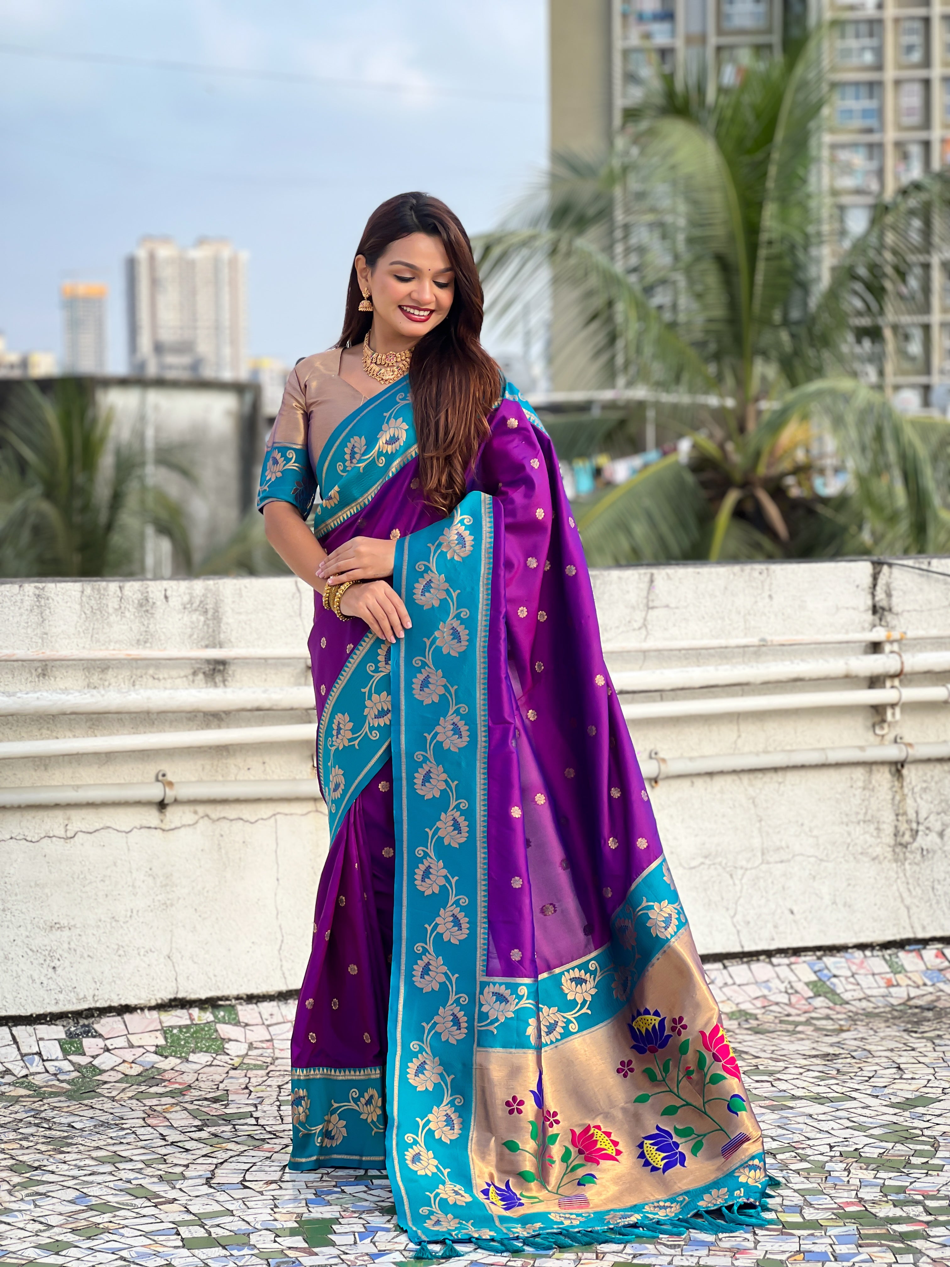 Aabha Powerloom Paithani Silk (Royal Purple) Ready To Wear Pocket Saree
