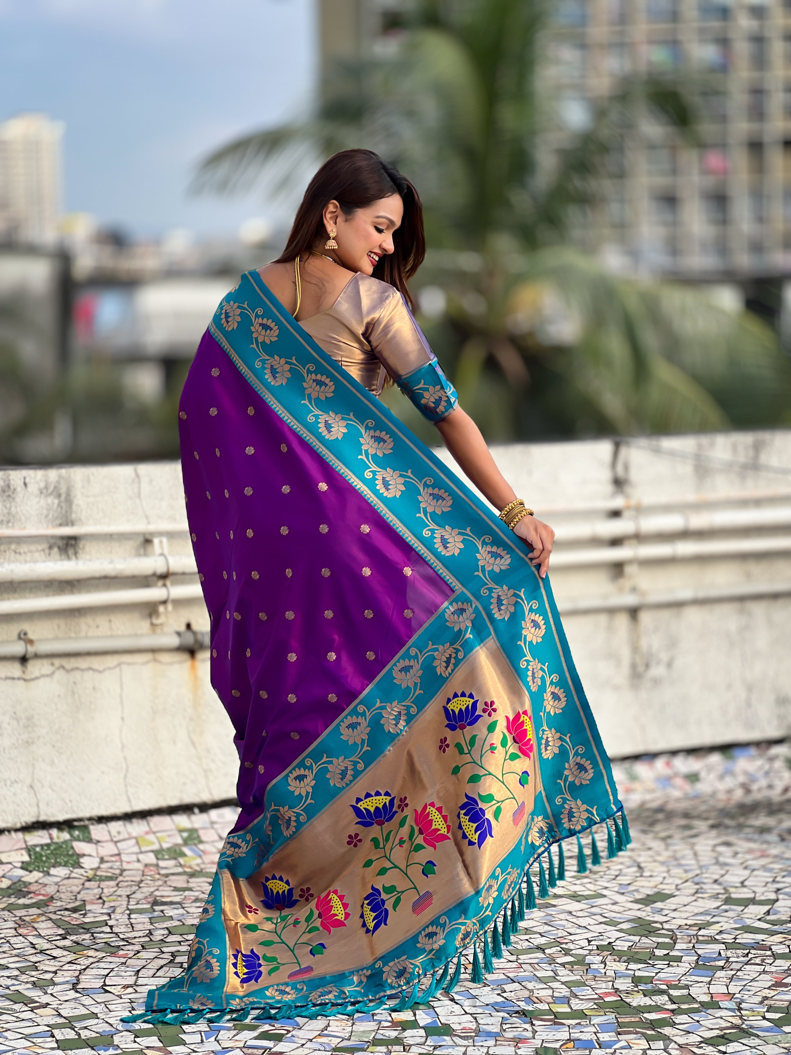Aabha Powerloom Paithani Silk (Royal Purple) Ready To Wear Pocket Saree