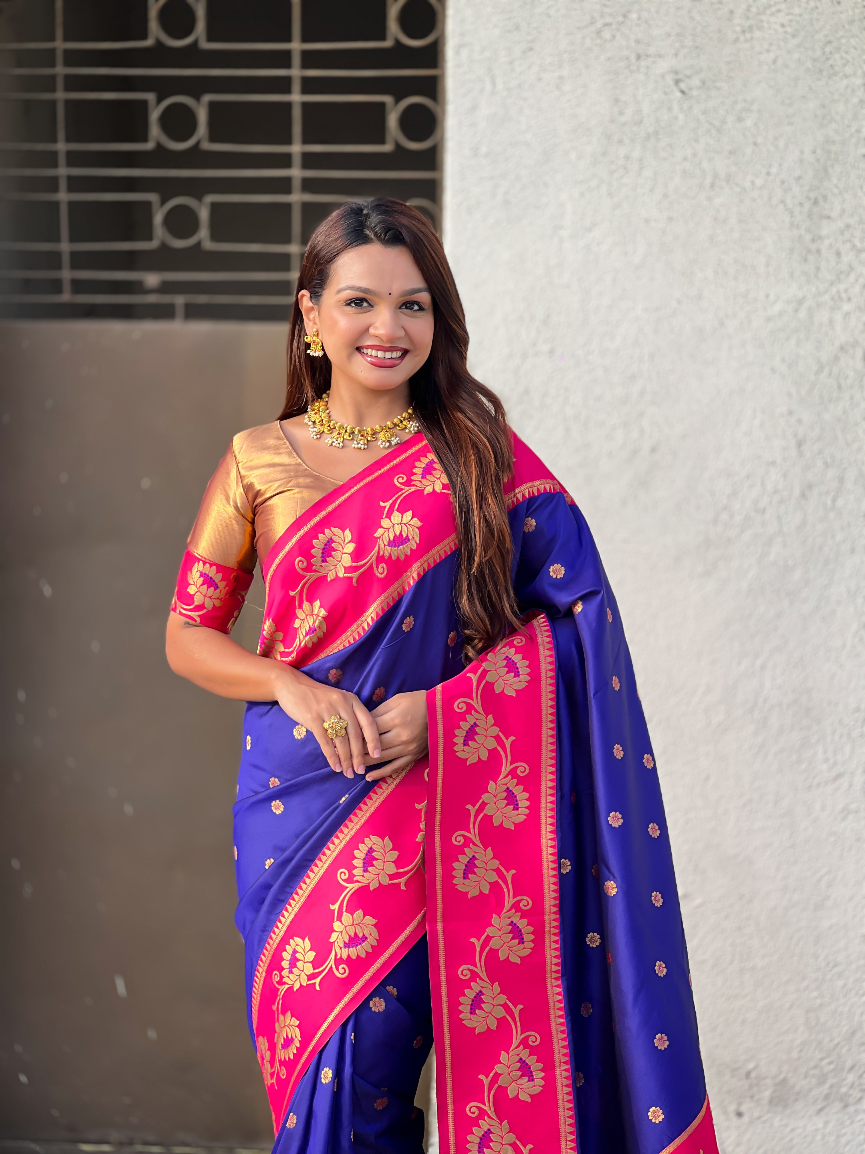 Aabha Powerloom Paithani Silk (Royal Blue) Ready To Wear Pocket Saree