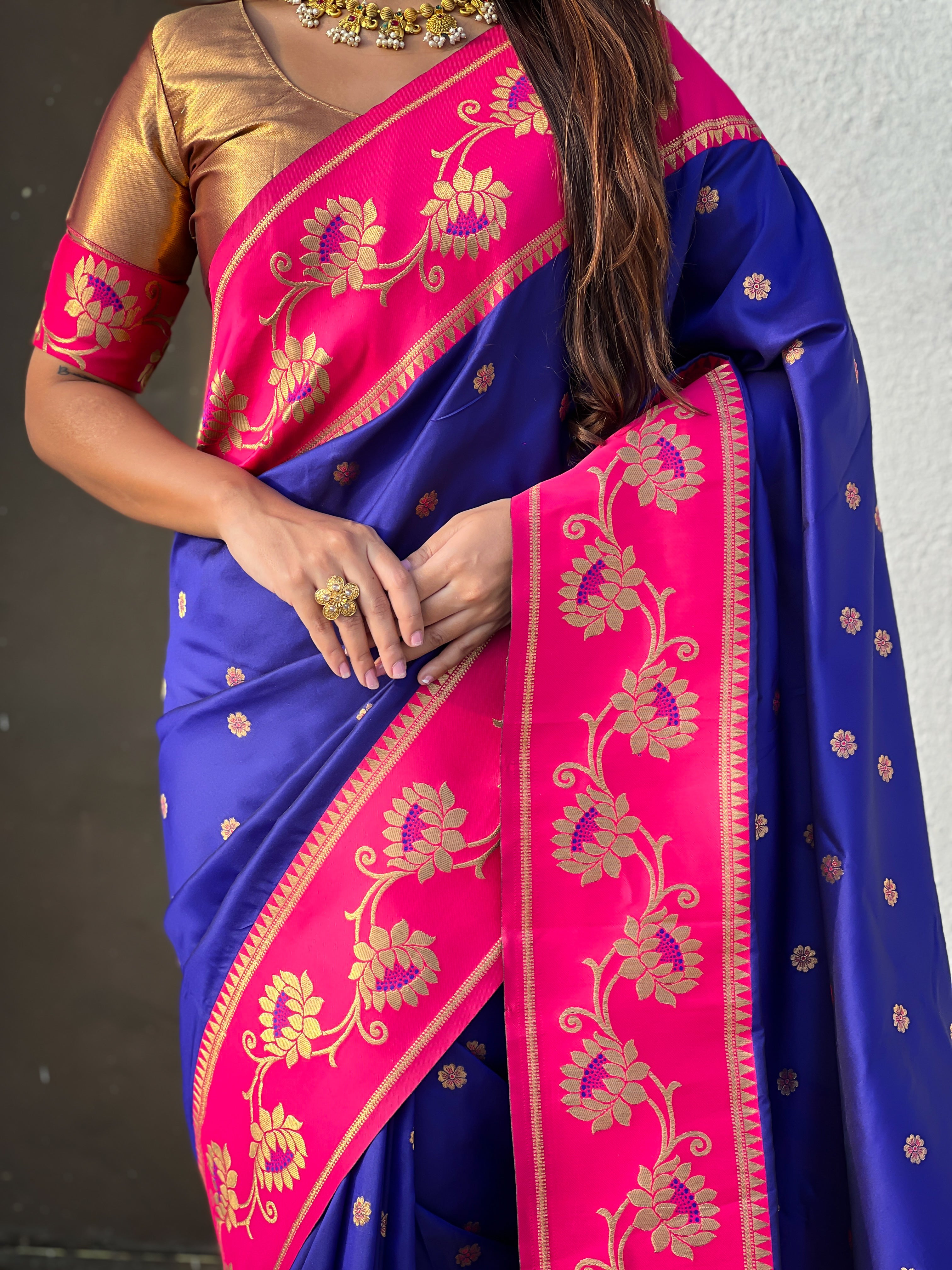 Aabha Powerloom Paithani Silk (Royal Blue) Ready To Wear Pocket Saree