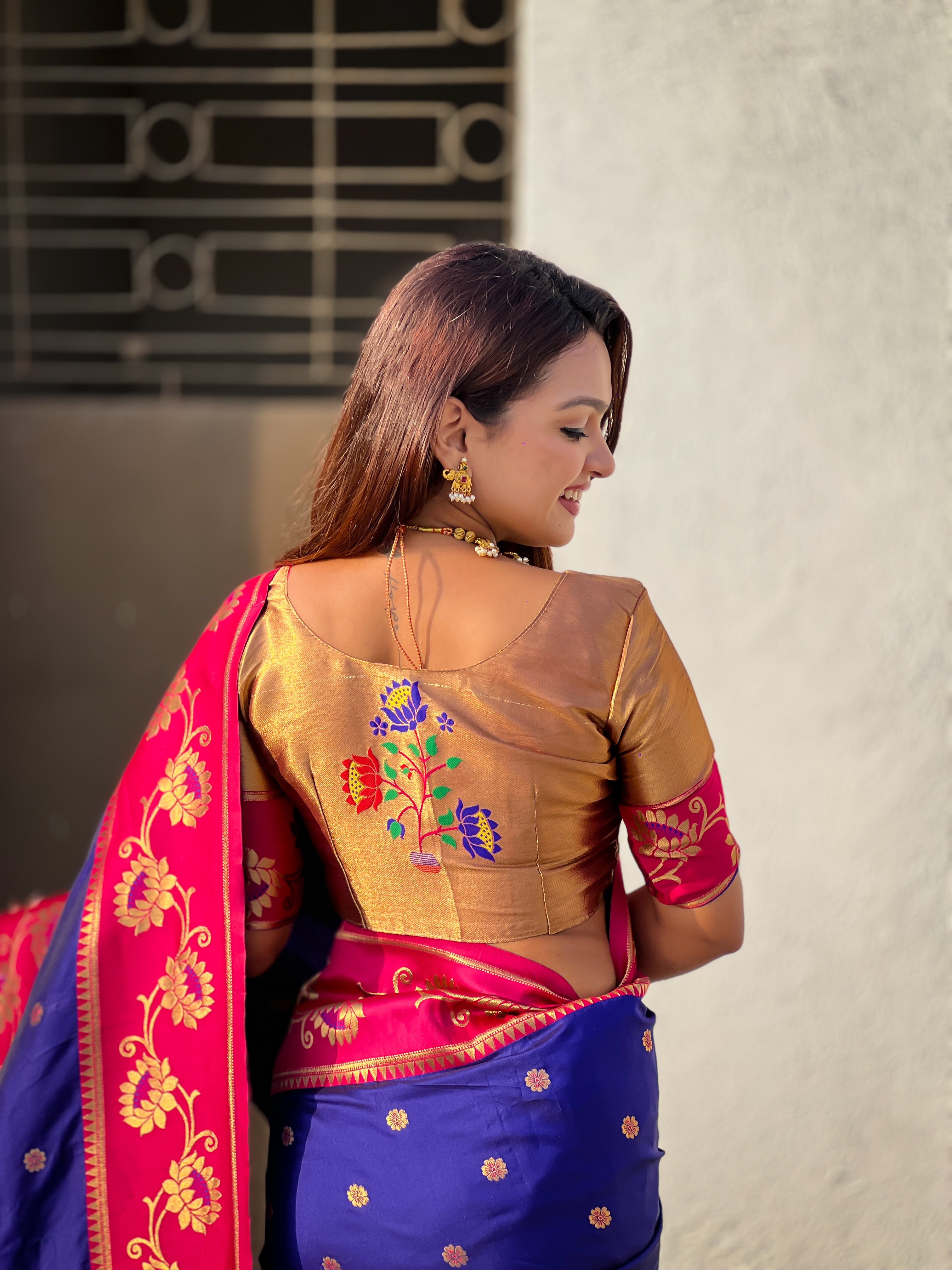 Aabha Powerloom Paithani Silk (Royal Blue) Ready To Wear Pocket Saree