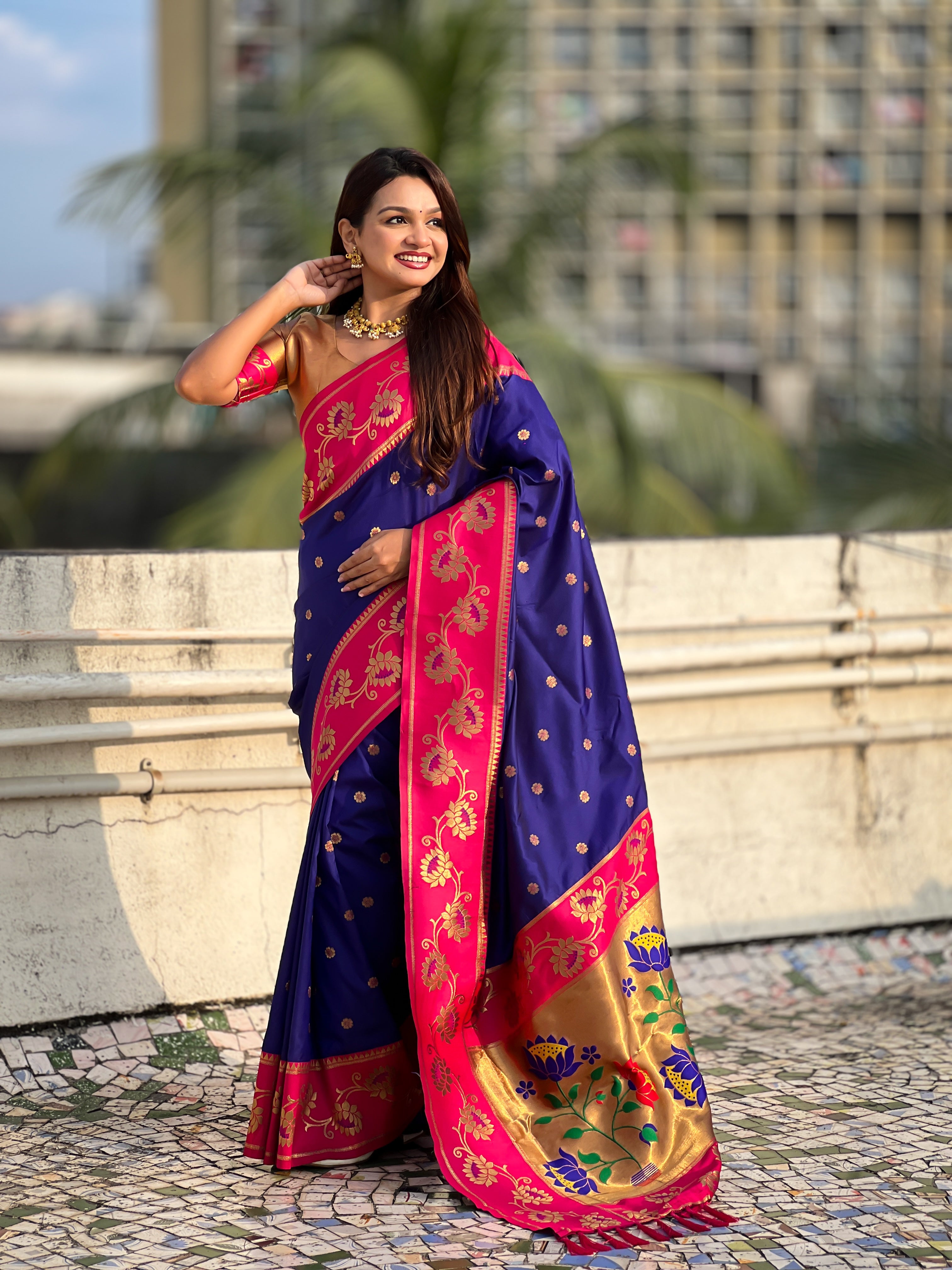 Aabha Powerloom Paithani Silk (Royal Blue) Ready To Wear Pocket Saree