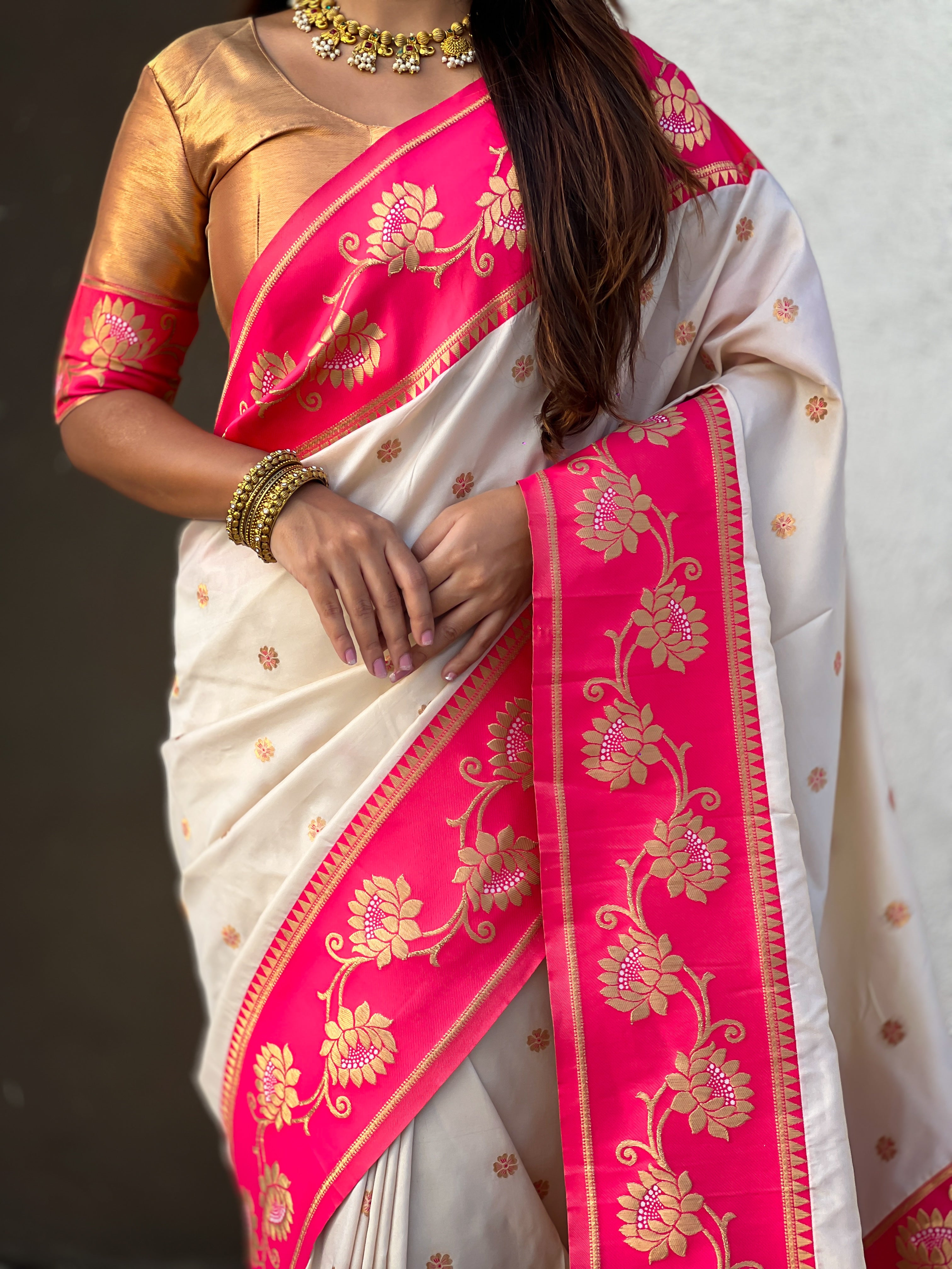 Aabha Powerloom Paithani Silk (Beige) Ready To Wear Pocket Saree