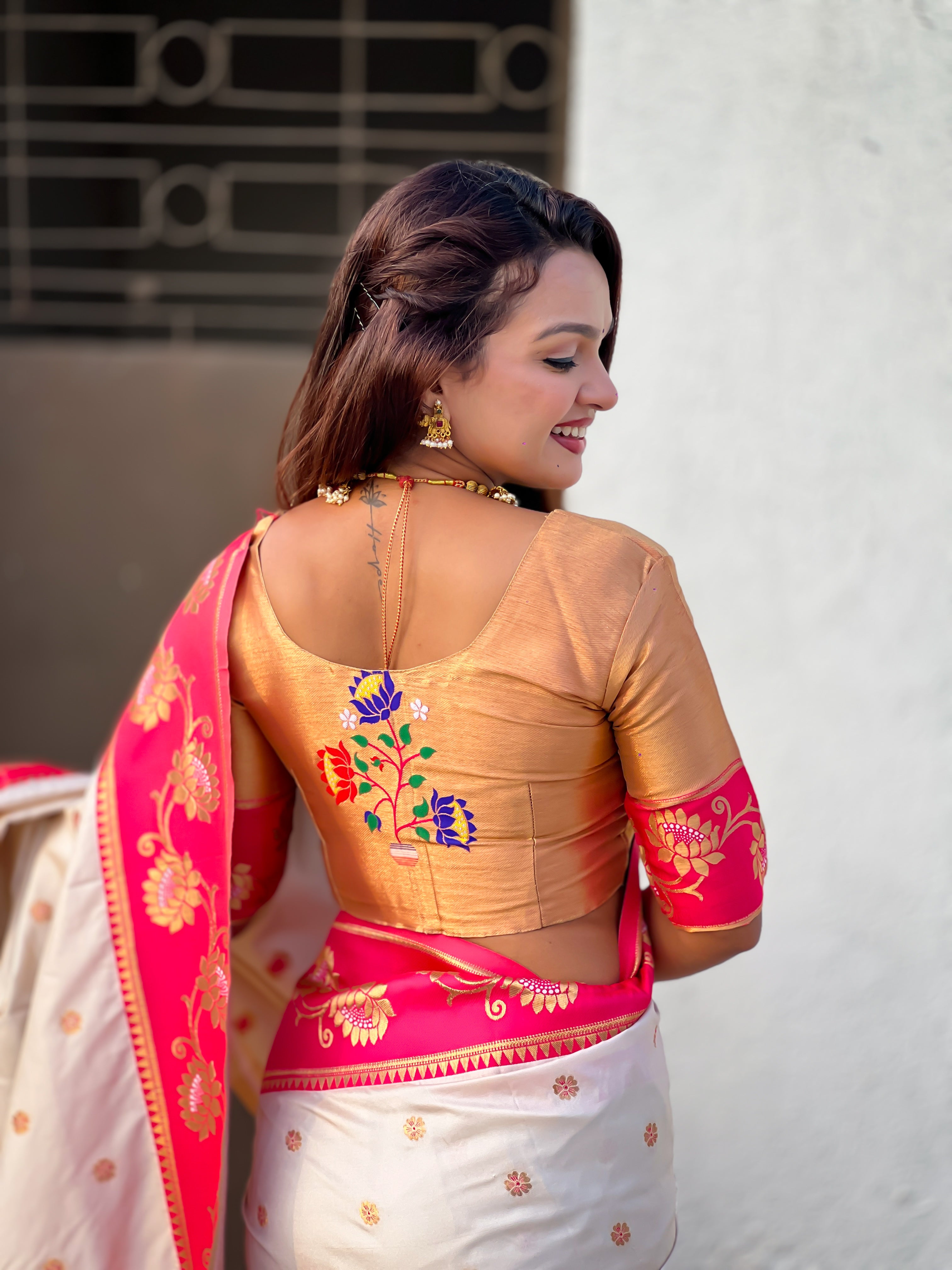 Aabha Powerloom Paithani Silk (Beige) Ready To Wear Pocket Saree