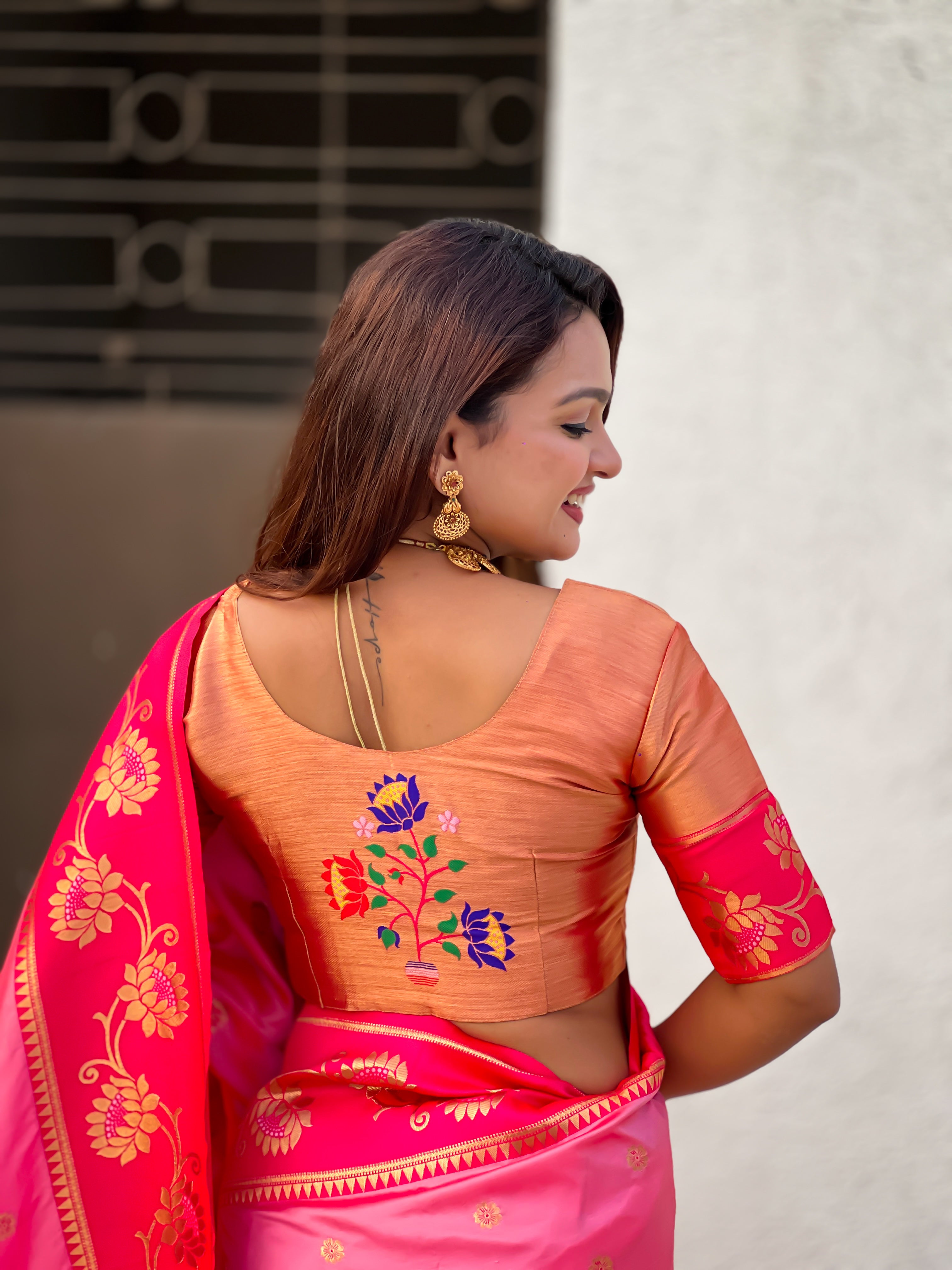 Aabha Powerloom Paithani Silk (Baby Pink) Ready To Wear Pocket Saree