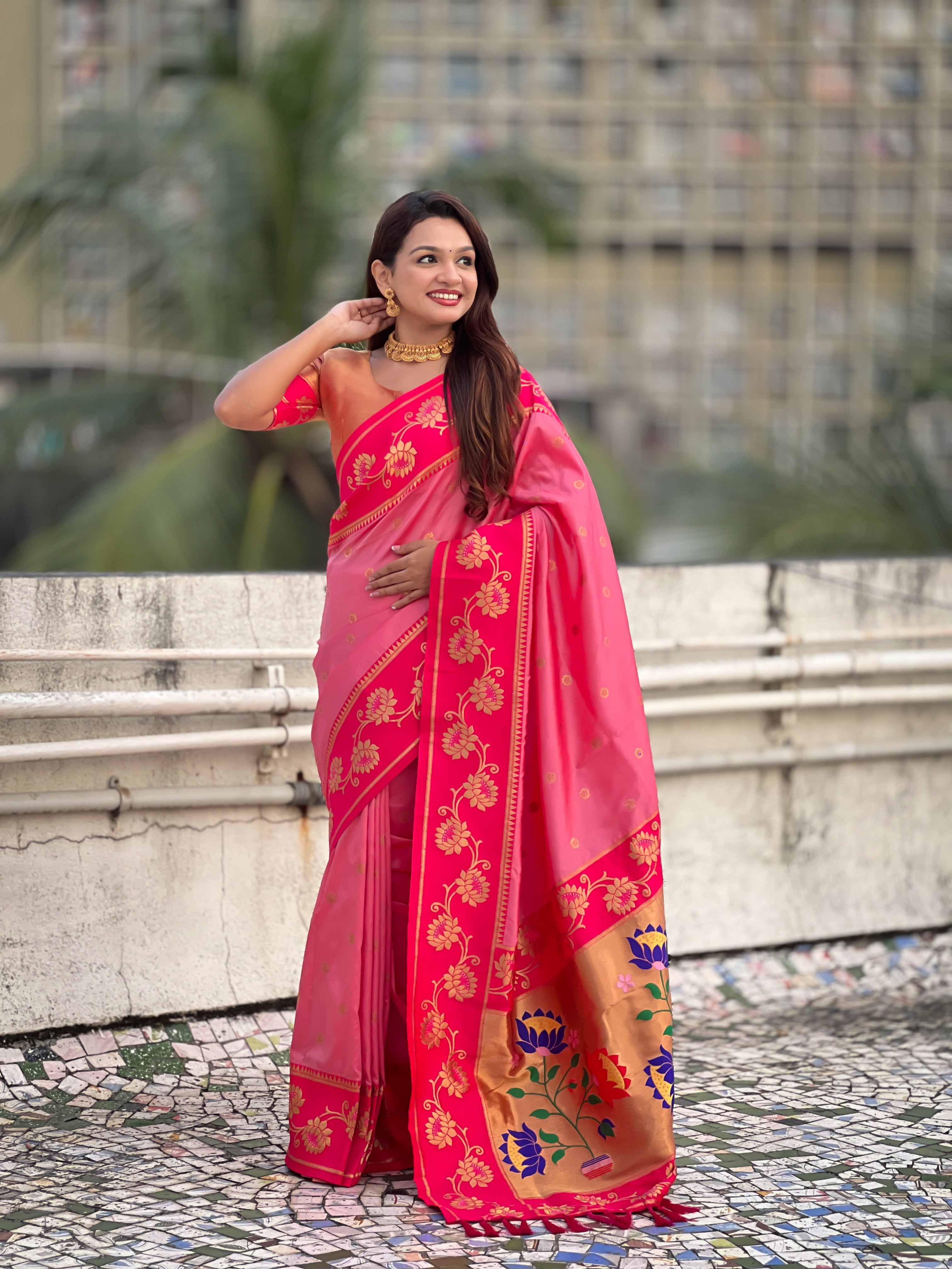 Aabha Powerloom Paithani Silk (Baby Pink) Ready To Wear Pocket Saree